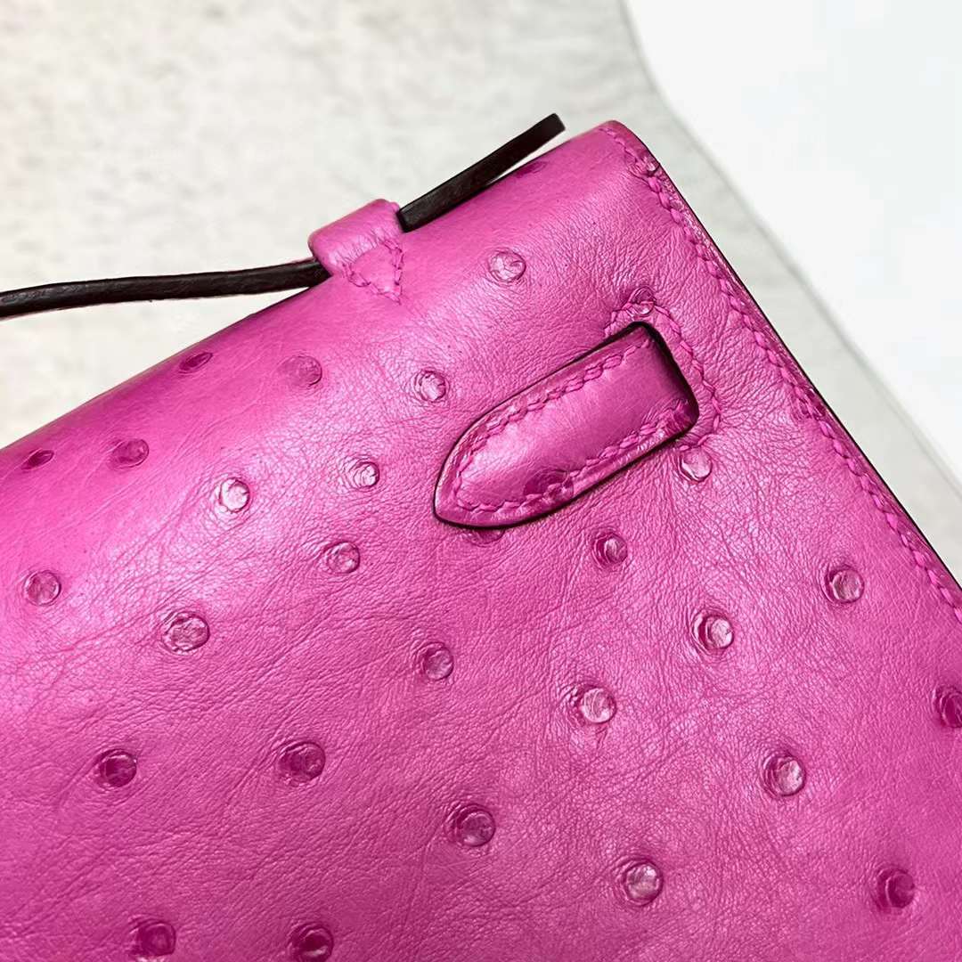 Hermès（爱马仕）Mini Kelly Pochette Ostrich 鸵鸟皮 9i 玉兰粉 银扣 22cm 全手工蜡线缝制 Phw