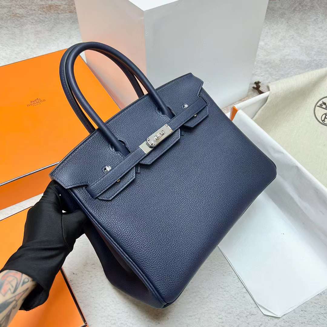 Hermès（爱马仕）Birkin 铂金包 Togo皮 2Z 午夜蓝 银扣 30cm 全手工蜡线缝制 Phw