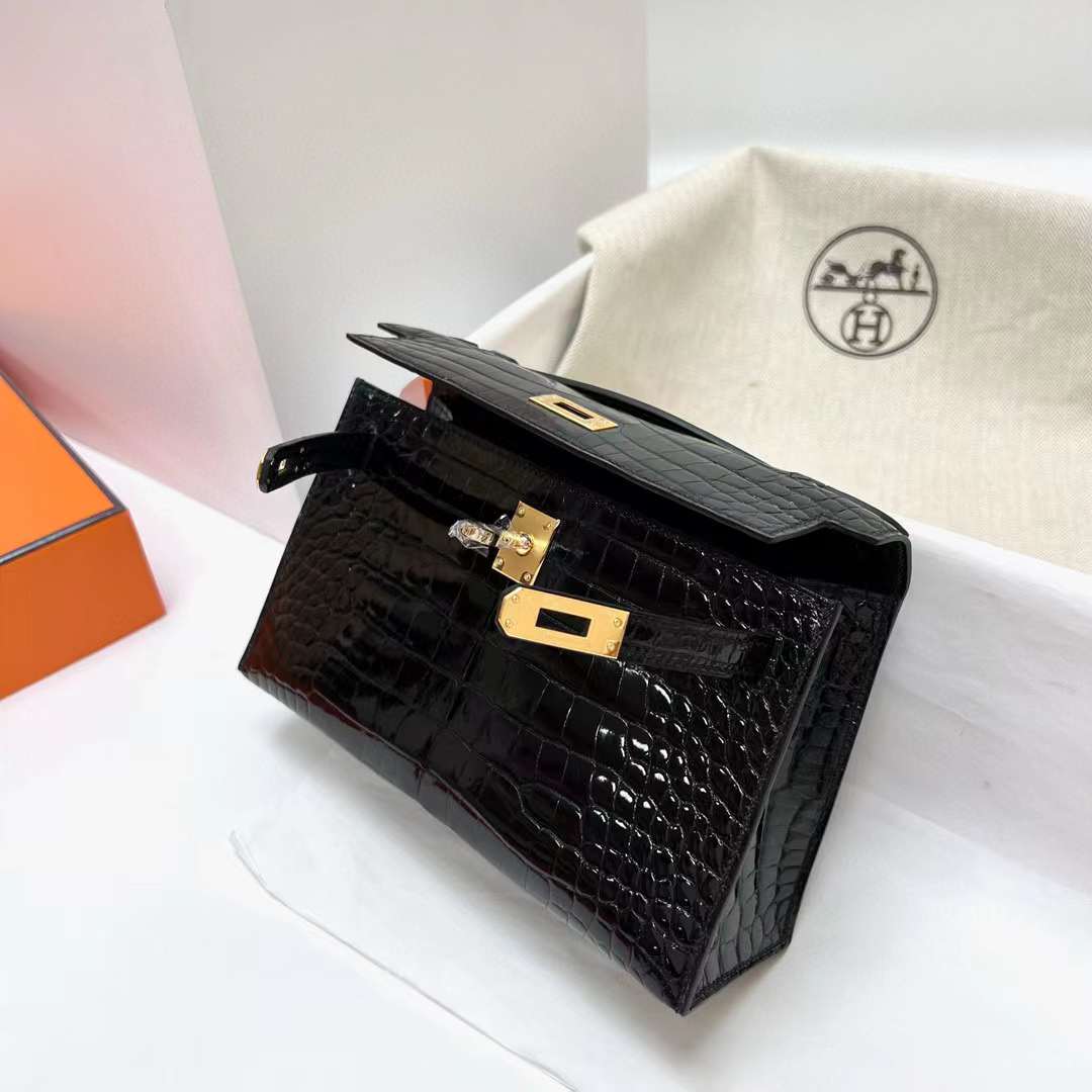 Hermès（爱马仕）Mini Kelly Pochette 亮面美洲鳄鱼 Shiny alligator crocodile ck89 黑色 金扣 22cm 全手工蜡线缝制 Ghw