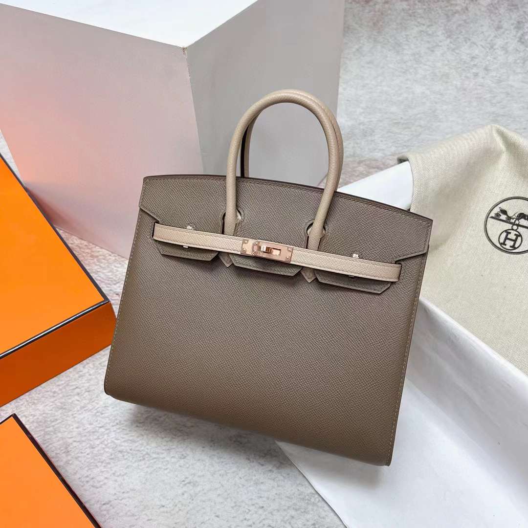 Hermès（爱马仕）Birkin 铂金包 Sellier Epsom Ck18 大象灰 拼 S2 风衣灰 玫瑰金扣 25cm 全手工蜡线缝制 Rghw