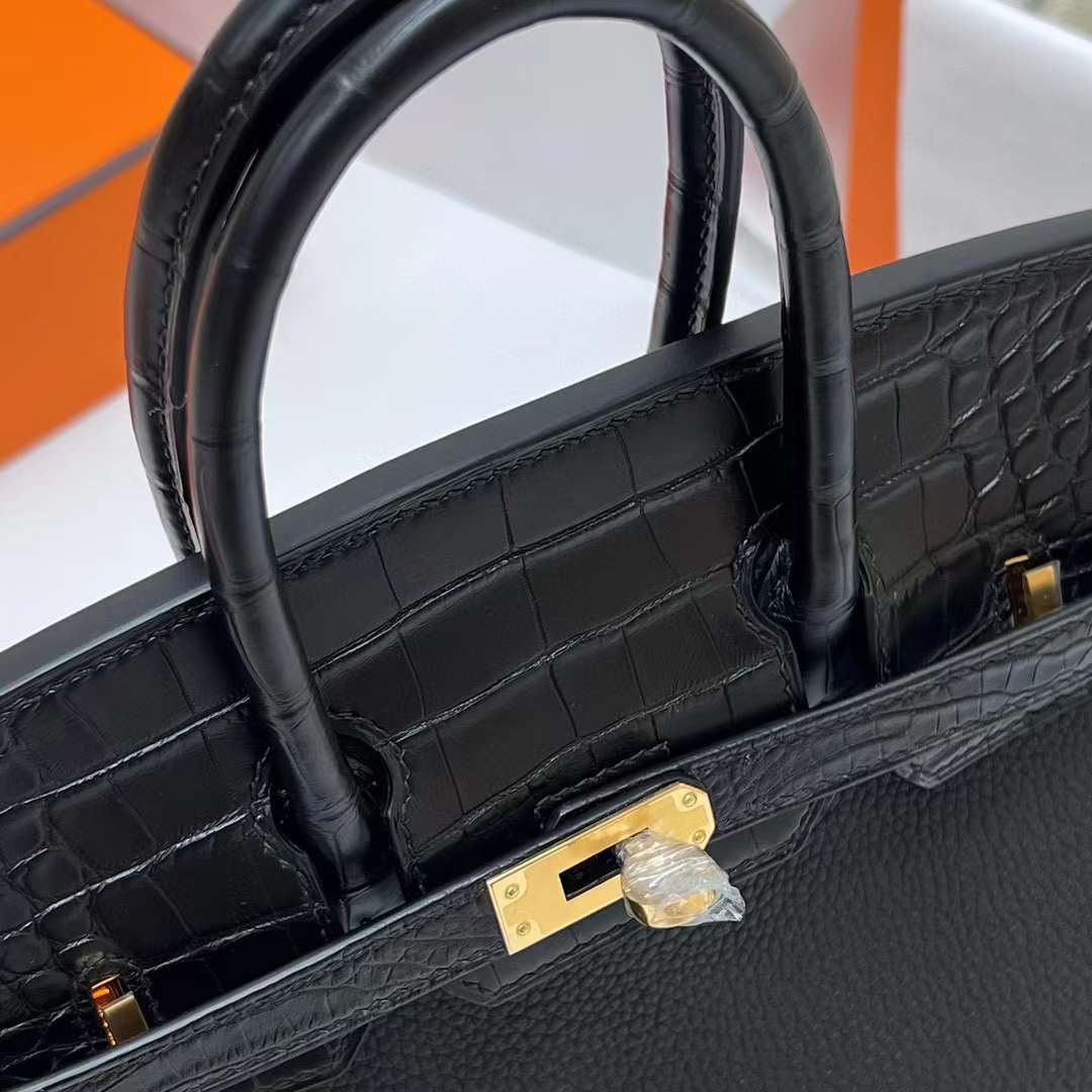 Hermès（爱马仕）Birkin 铂金包 Touch Togo & 雾面美洲鳄 Ck89 黑色 金扣 25cm 全手工蜡线缝制 Ghw
