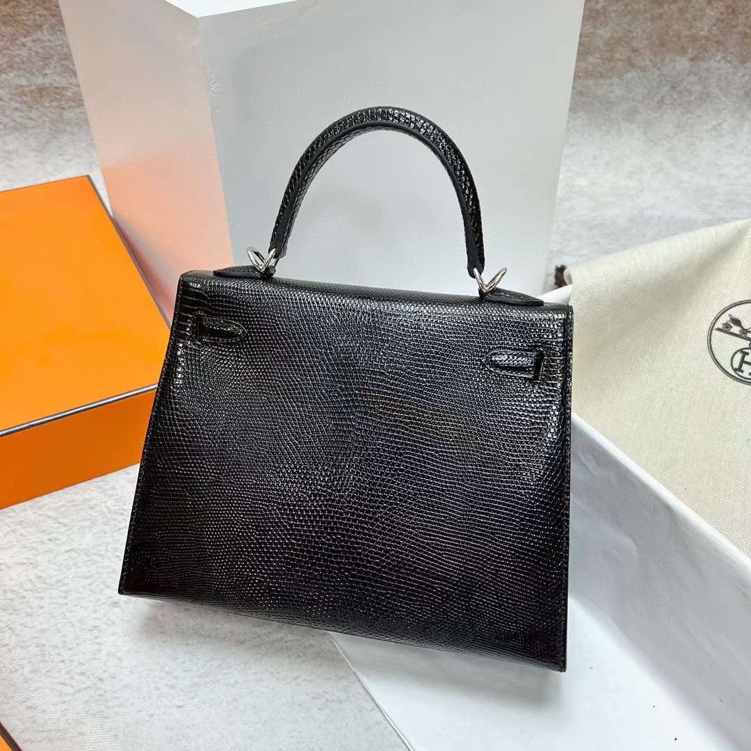 Hermès（爱马仕）Kelly 凯莉包 Lizard 进口蜥蜴皮 Ck89 黑色 银扣 25cm 全手工蜡线缝制 Phw