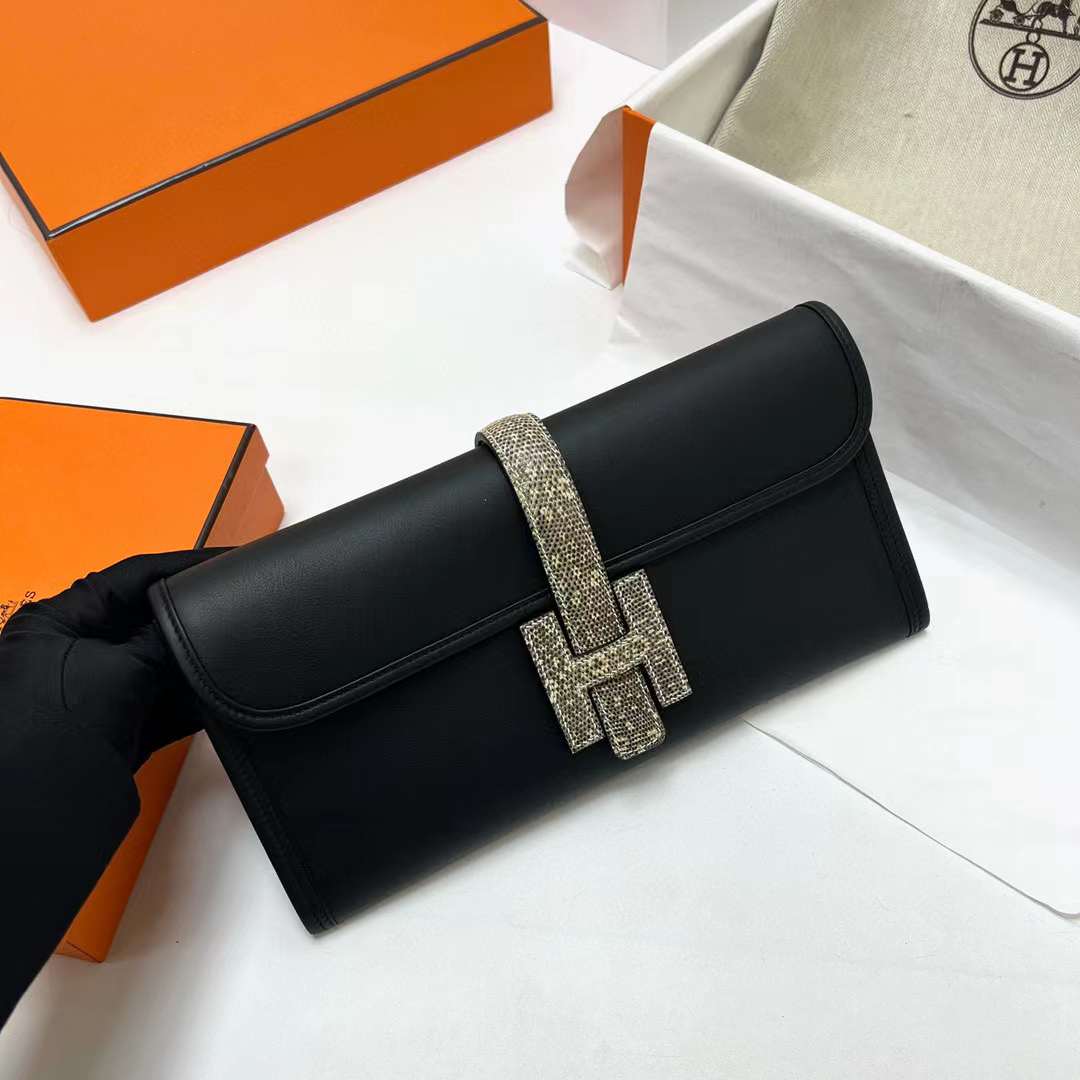 Hermès（爱马仕）Jige 手包 Swift Ck89 黑色 自然色蜥蜴扣 29cm 全手工蜡线缝制