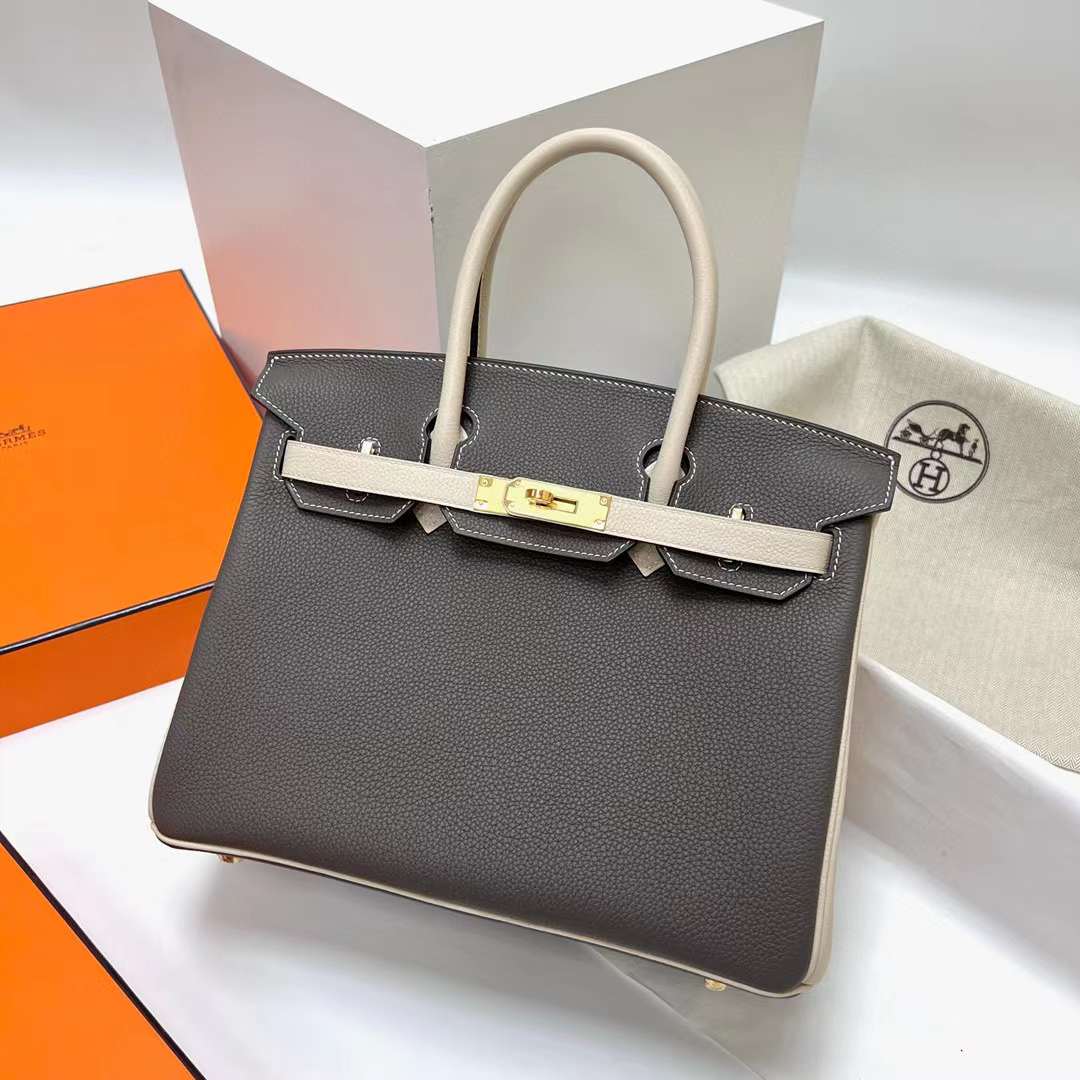 Hermès（爱马仕）Birkin 铂金包 Togo皮 8F 锡器灰 拼 Ck10 奶昔白 金扣 30cm 全手工蜡线缝制 Ghw
