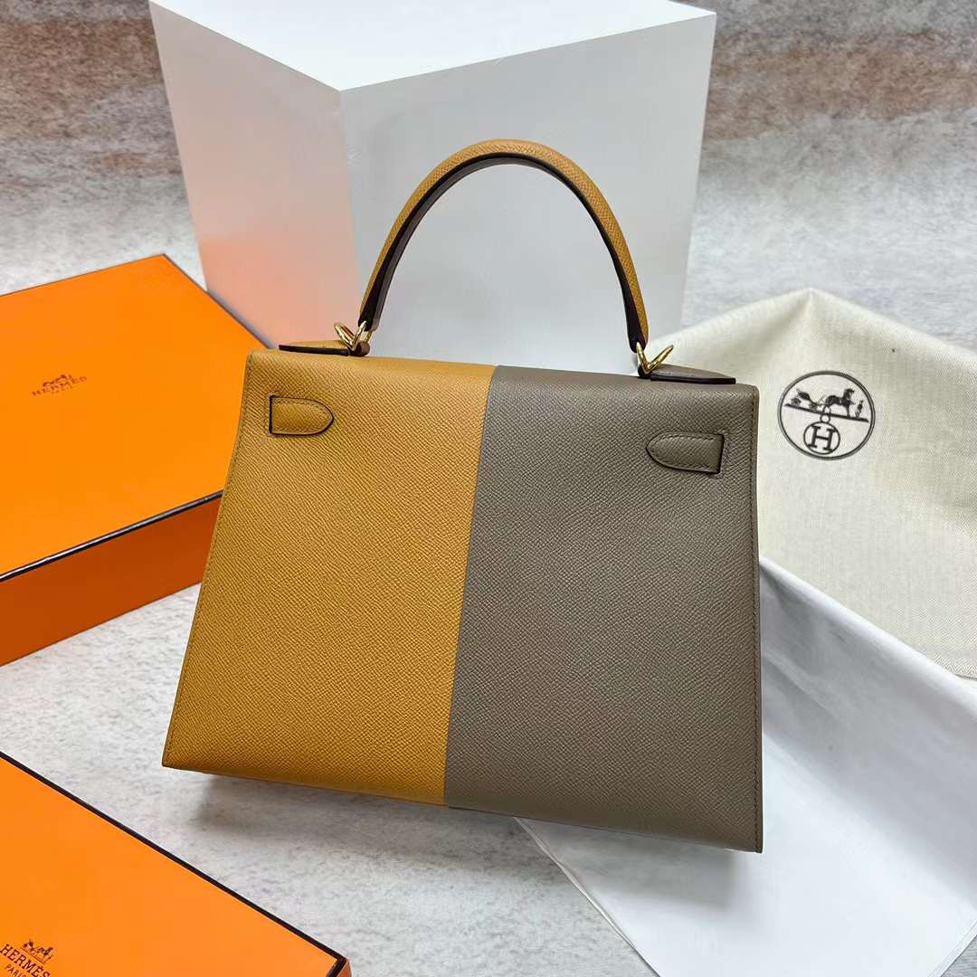 Hermès（爱马仕）Kelly 凯莉包 Epsom 三拼色 Ck18 大象灰 拼 2S 芝麻色 内拼 深海蓝 金扣 28cm 全手工蜡线缝制 Ghw