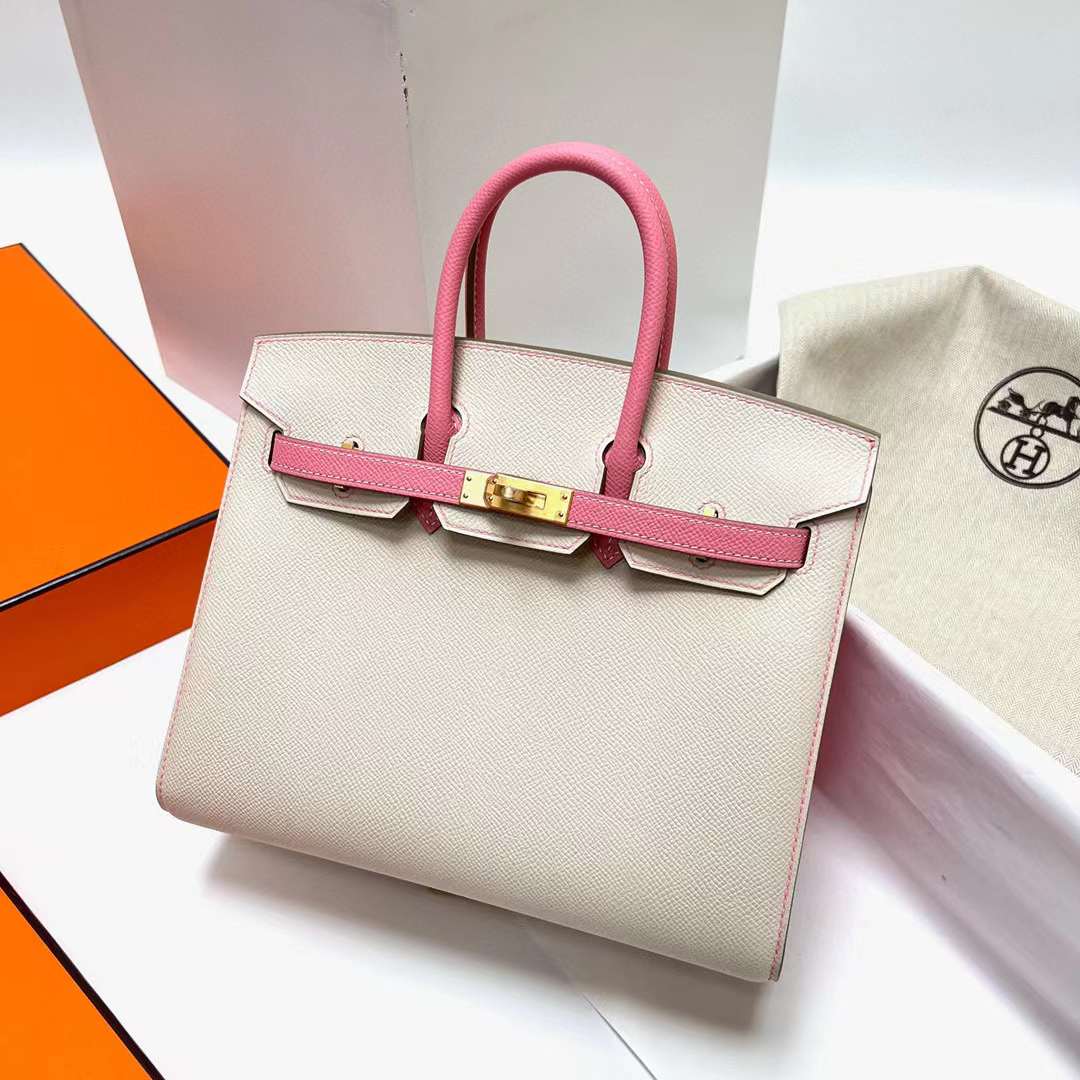 Hermès（爱马仕）Birkin 铂金包 Sellier Epsom Ck10 奶昔白 拼 1Q 奶昔粉 拉丝金扣 25cm 全手工蜡线缝制 Mghw