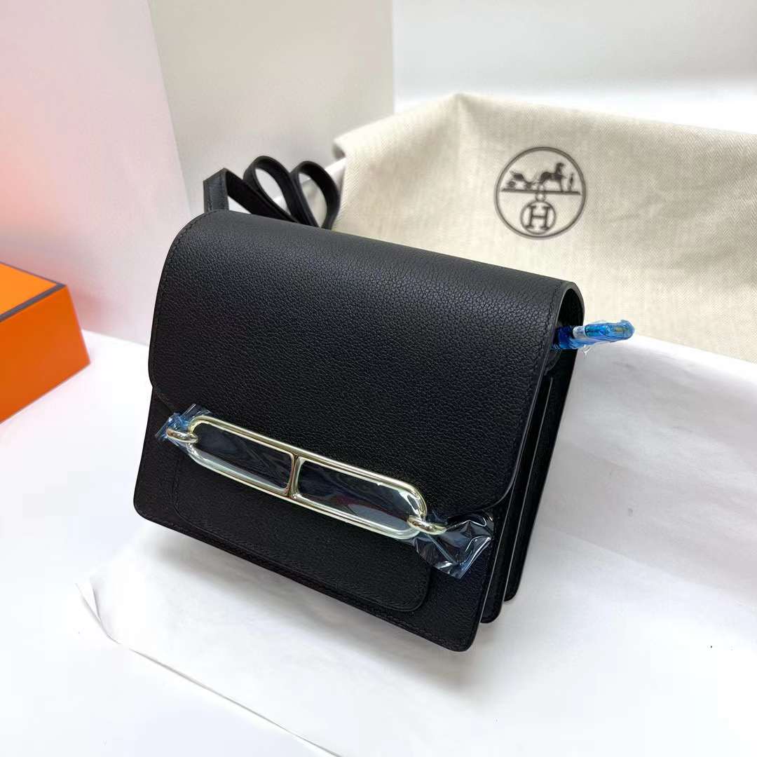 Hermès（爱马仕）Roulis 猪鼻子 Evercolor Ck89 黑色 浅金扣 18cm 全手工蜡线缝制