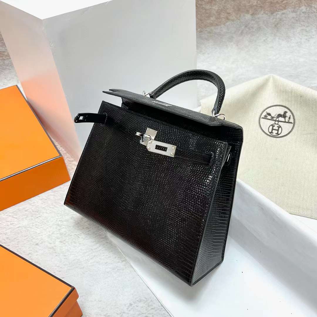 Hermès（爱马仕）Kelly 凯莉包 Lizard 进口蜥蜴皮 Ck89 黑色 银扣 25cm 全手工蜡线缝制 Phw