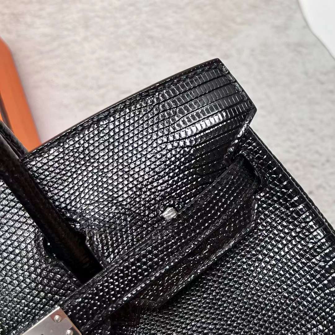 Hermès（爱马仕）Birkin 铂金包 Lizard 进口蜥蜴皮 Ck89 黑色 银扣 25cm 全手工蜡线缝制 Phw