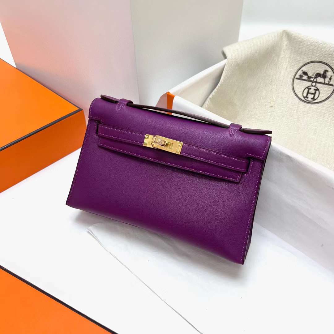 Hermès（爱马仕）Mini Kelly Pochette Swift P9 海葵紫 金扣 22cm 全手工蜡线缝制 Ghw