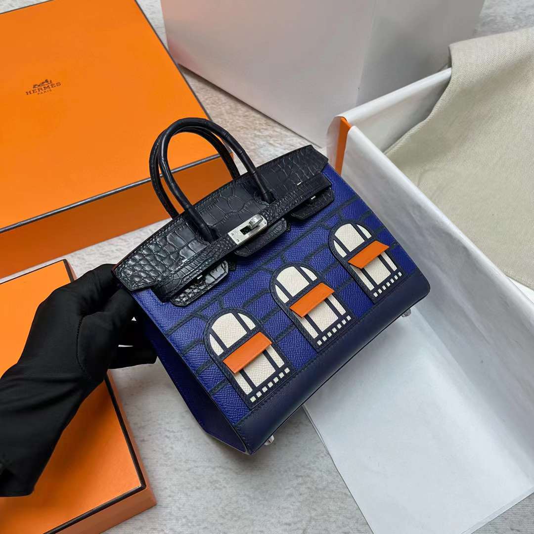 Hermès（爱马仕）Birkin 铂金包 限量版 蓝色小房子 银扣 20cm 全手工蜡线缝制 Phw