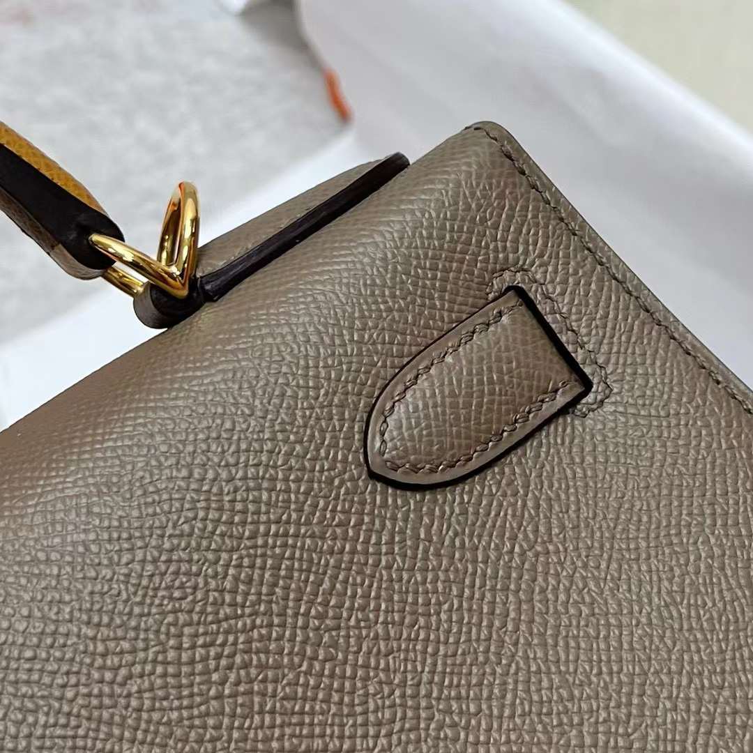 Hermès（爱马仕）Kelly 凯莉包 Epsom 三拼色 Ck18 大象灰 拼 2S 芝麻色 内拼 深海蓝 金扣 28cm 全手工蜡线缝制 Ghw