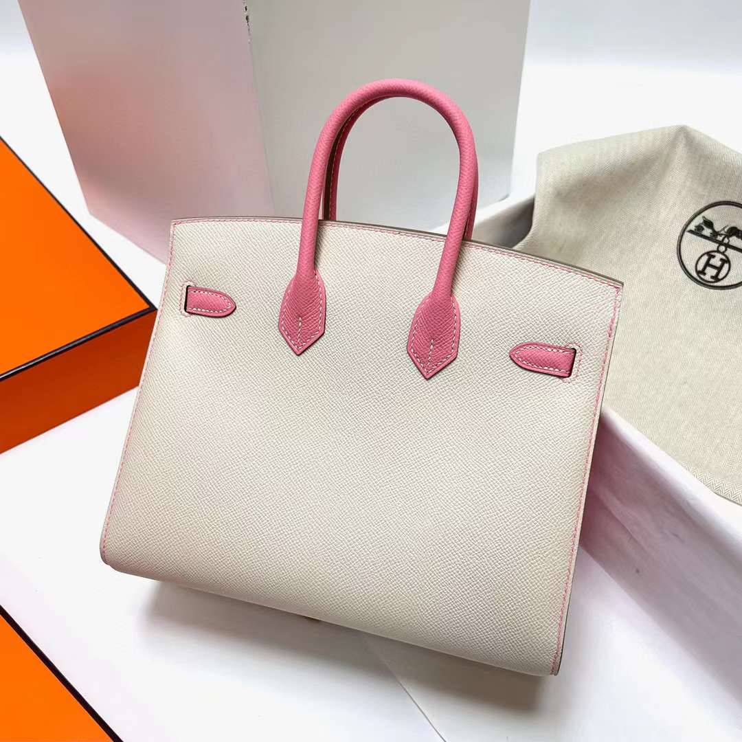 Hermès（爱马仕）Birkin 铂金包 Sellier Epsom Ck10 奶昔白 拼 1Q 奶昔粉 拉丝金扣 25cm 全手工蜡线缝制 Mghw
