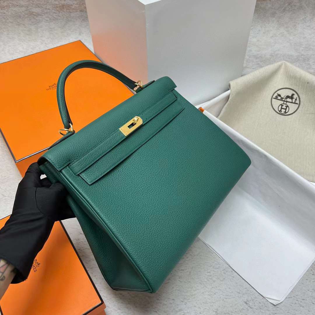 Hermès（爱马仕）Kelly Togo 御用原厂顶级小牛皮 Z6 孔雀绿 金扣 32cm 全手工蜡线缝制 Ghw