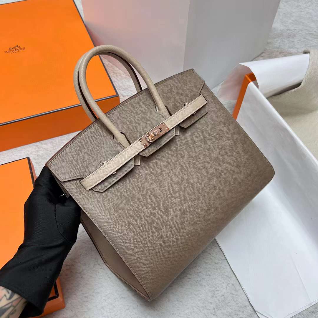 Hermès（爱马仕）Birkin 铂金包 Sellier Epsom Ck18 大象灰 拼 S2 风衣灰 玫瑰金扣 25cm 全手工蜡线缝制 Rghw