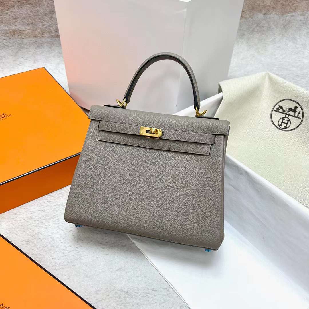 Hermès（爱马仕）Kelly 凯莉包 Togo皮 M8 沥青灰 金扣 25cm 全手工蜡线缝制 Ghw