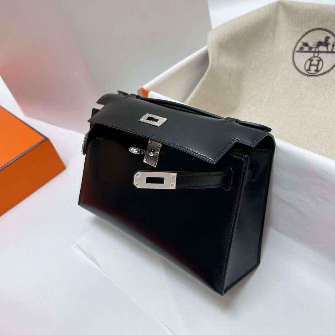 Hermès（爱马仕）Mini Kelly Pochette Box皮 Ck89 黑色 银扣 22cm 全手工蜡线缝制 phw