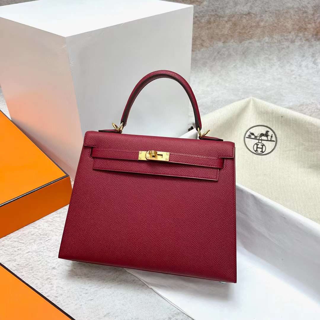 Hermès（爱马仕）Kelly 凯莉包 Epsom K1 石榴红 金扣 25cm 全手工蜡线缝制 Ghw
