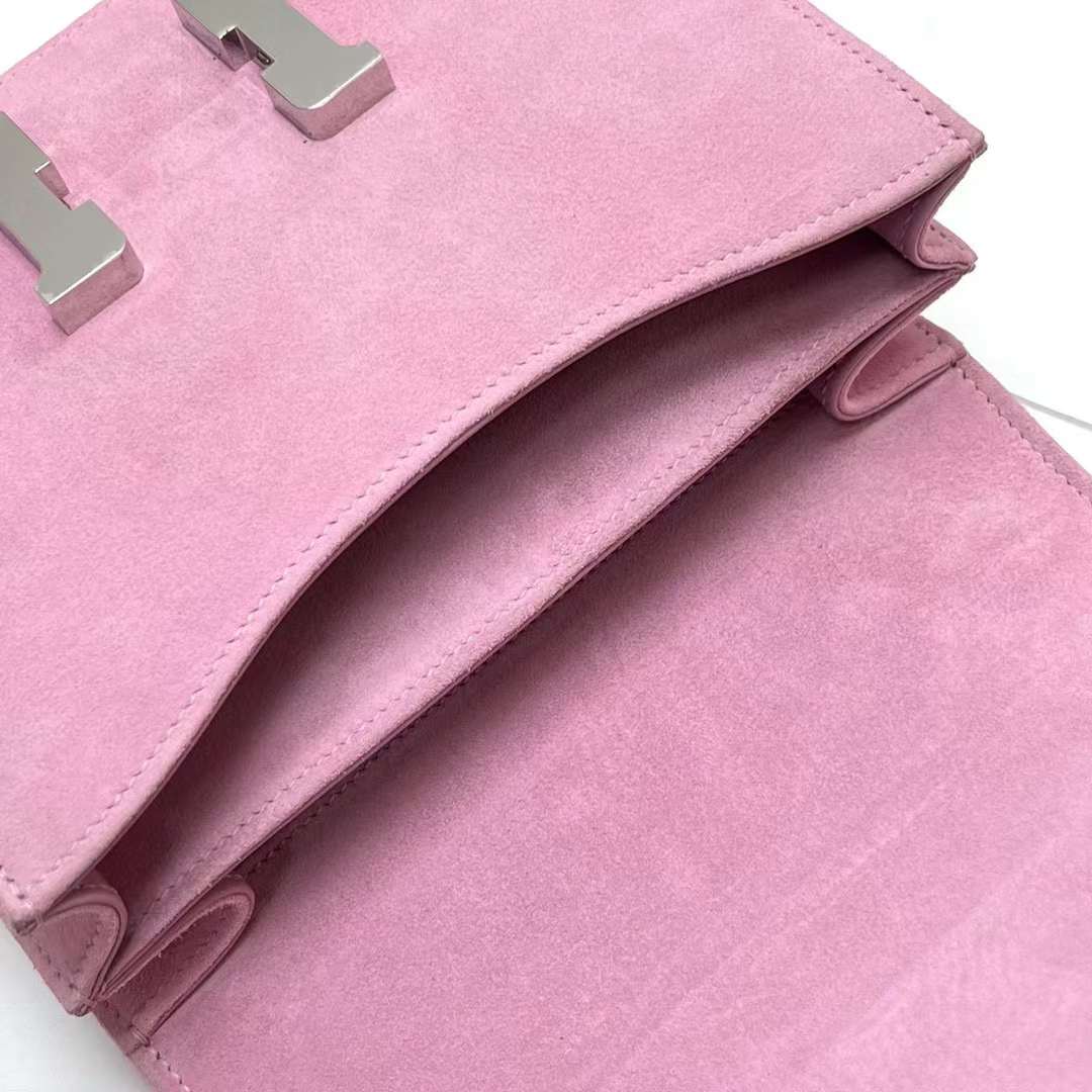 Hermès（爱马仕）Constance 空姐包 Suede 进口麂皮 玫瑰粉 银扣 19cm 全手工蜡线缝制 Phw