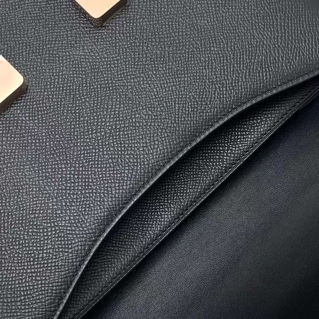 Hermès（爱马仕）Constance 空姐包 Epsom Ck89 黑色 玫瑰金扣 24cm 全手工蜡线缝制 RGhw