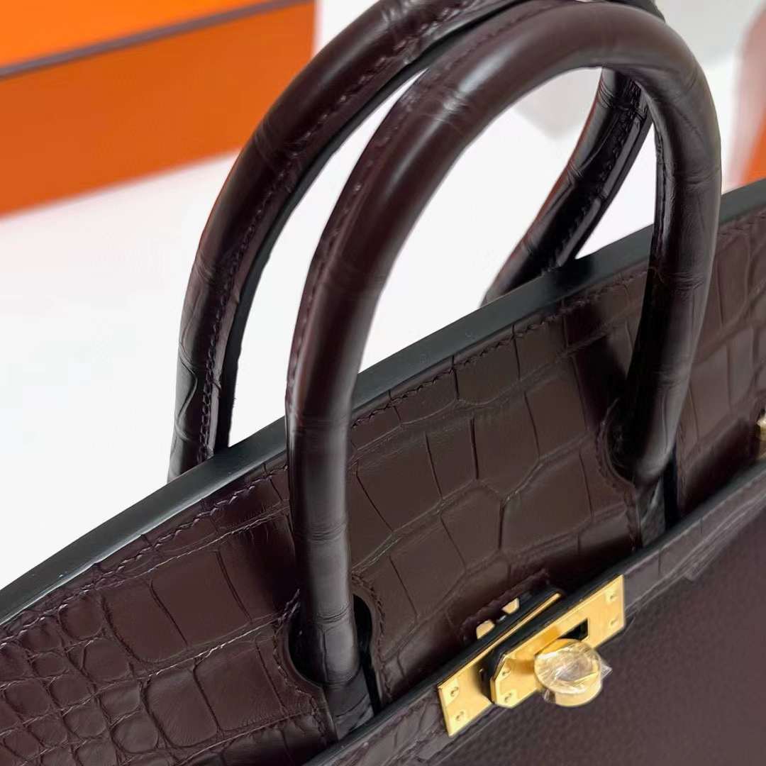 Hermès（爱马仕）Birkin 铂金包 Touch Togo 拼 雾面美洲鳄 0G 马鞍红 金扣 25cm 全手工蜡线缝制