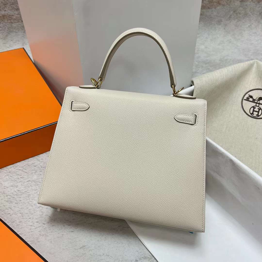 Hermès（爱马仕）Kelly 凯莉包 Epsom Ck10 奶昔白 金扣 25cm 全手工蜡线缝制 Ghw