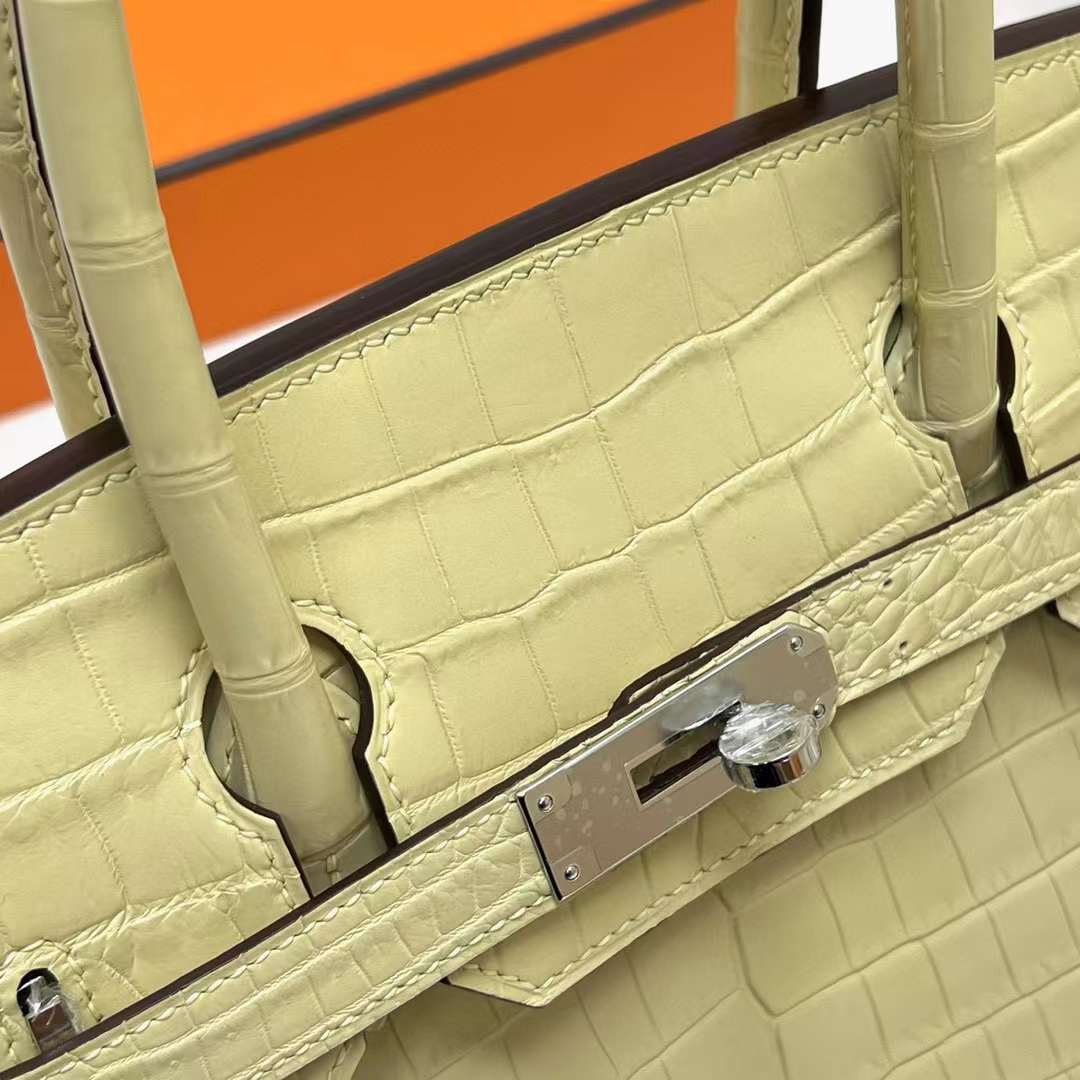 Hermès（爱马仕）Birkin 铂金包 雾面尼罗鳄鱼 Matte Nilo Crocodile 19 Abricot 杏色 银扣 30cm 全手工蜡线缝制 Phw