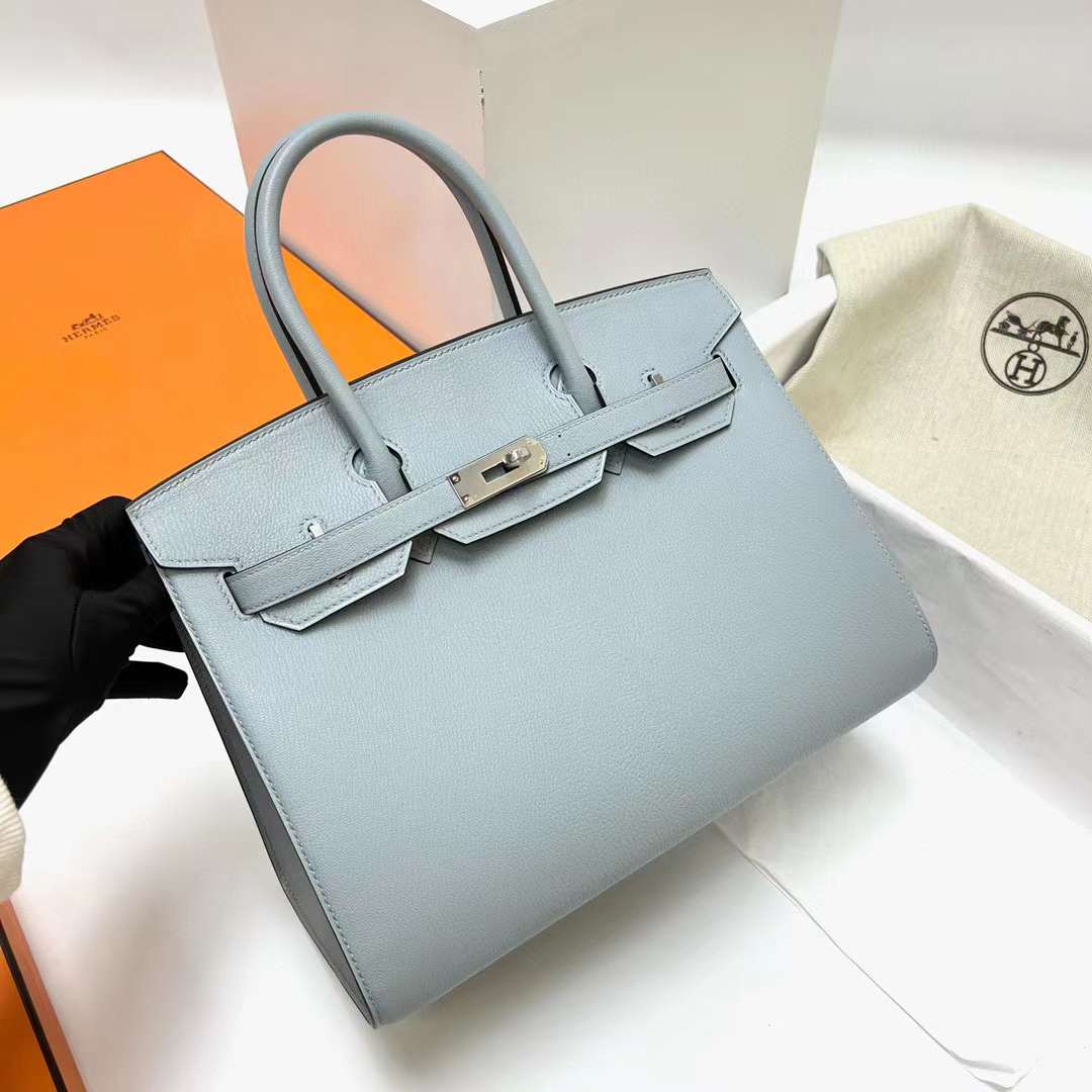 Hermès（爱马仕）Birkin 铂金包 Chevre 山羊皮 8U 冰川蓝 银扣 30cm 全手工蜡线缝制 Phw