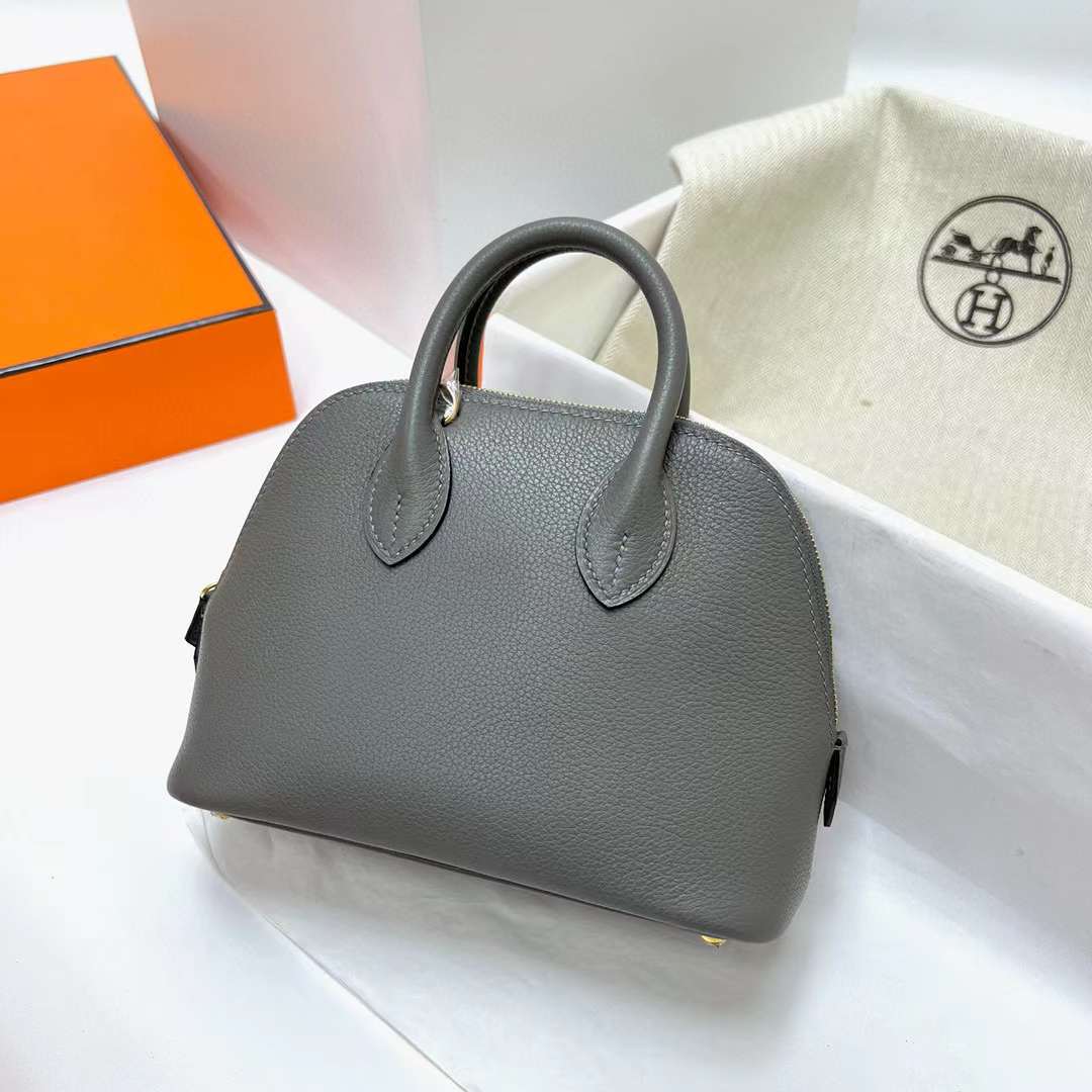 Hermès（爱马仕）Mini Bolide 迷你保龄球包 Evercolor 0L 积雨云灰 金扣 19cm 全手工蜡线缝制 Ghw