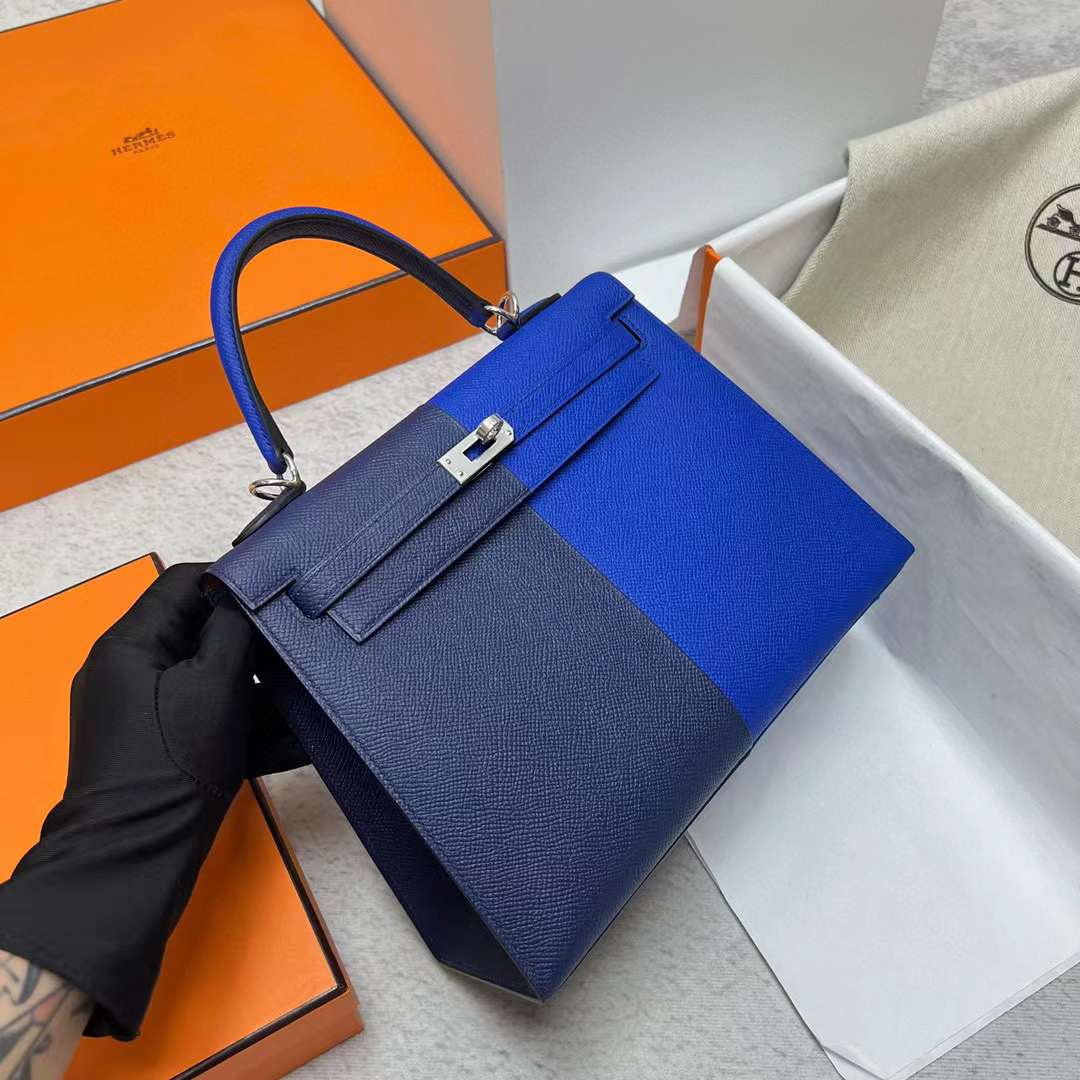 Hermès（爱马仕）Kelly 凯莉包 Epsom 三拼色 Ck73 宝石蓝 拼 O8 法国蓝 内拼 金棕色 银扣 25cm 全手工蜡线缝制 Phw