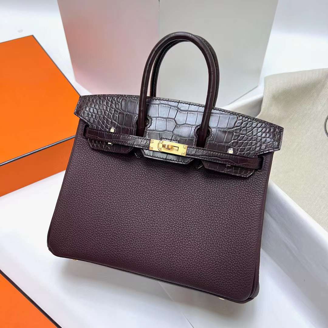 Hermès（爱马仕）Birkin 铂金包 Touch Togo 拼 雾面美洲鳄 0G 马鞍红 金扣 25cm 全手工蜡线缝制