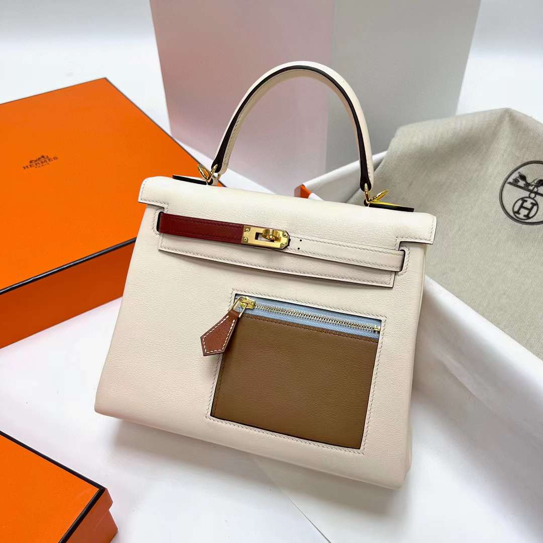 Hermès（爱马仕）Kelly 凯莉包 Colormatic Swift i2 奶油白 金扣 25cm 全手工蜡线缝制 Ghw