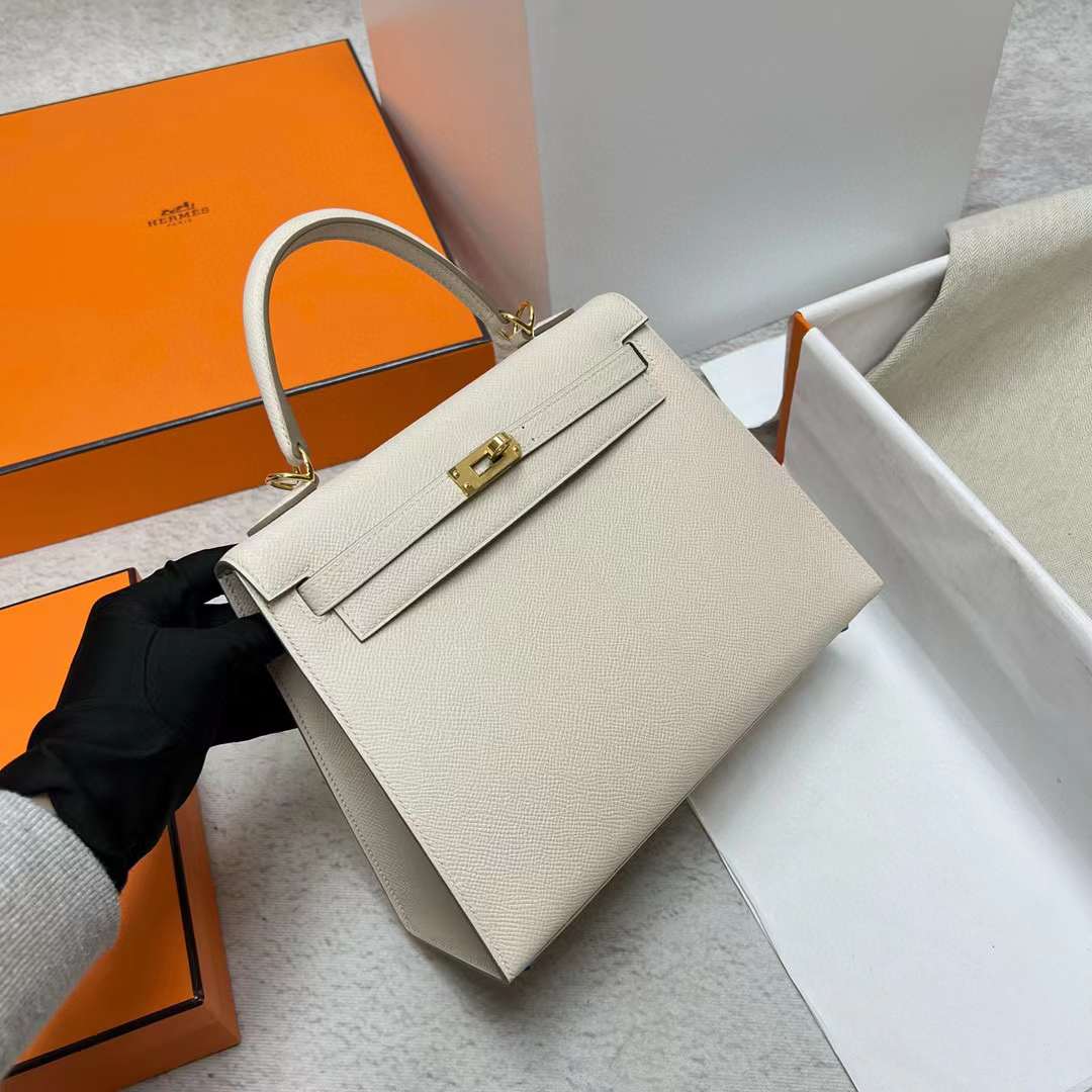 Hermès（爱马仕）Kelly 凯莉包 Epsom Ck10 奶昔白 金扣 25cm 全手工蜡线缝制 Ghw