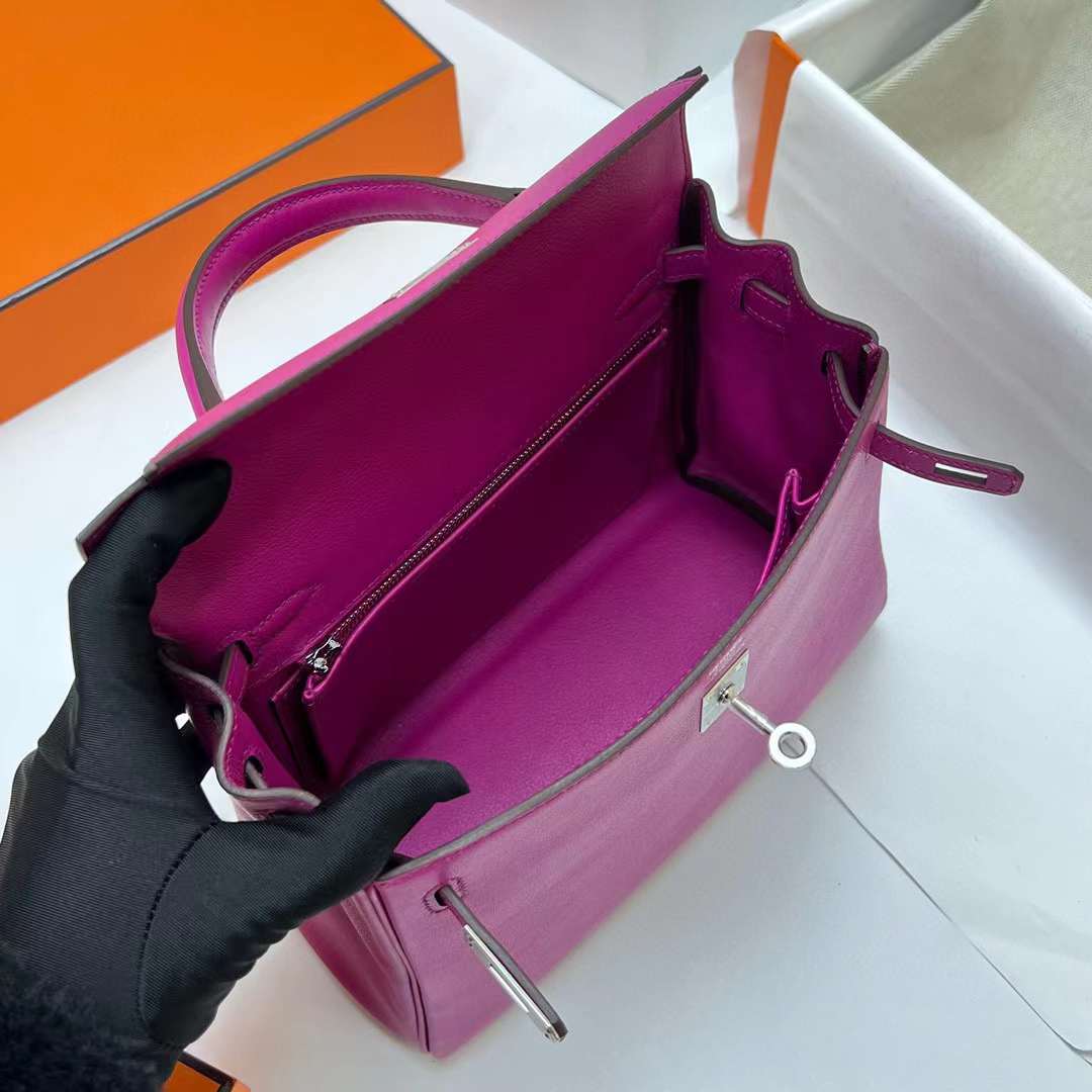 Hermès（爱马仕）Kelly 凯莉包 Swift皮 L3 玫瑰紫 银扣 25cm 全手工蜡线缝制 Phw
