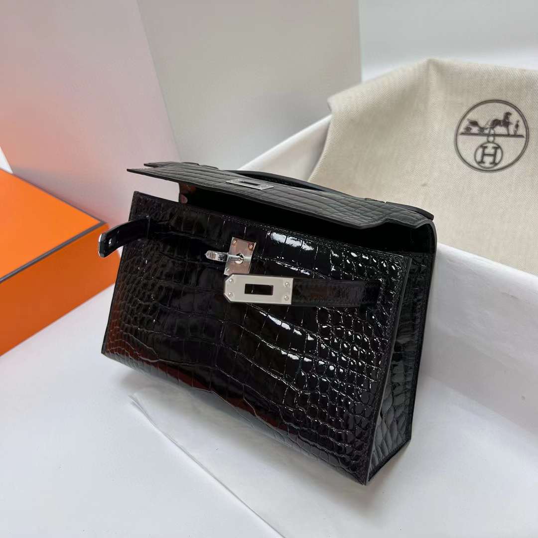 Hermès（爱马仕）Mini Kelly Pochette 亮面美洲鳄鱼 Shiny alligator crocodile ck89 黑色 银扣 22cm 全手工蜡线缝制 Phw