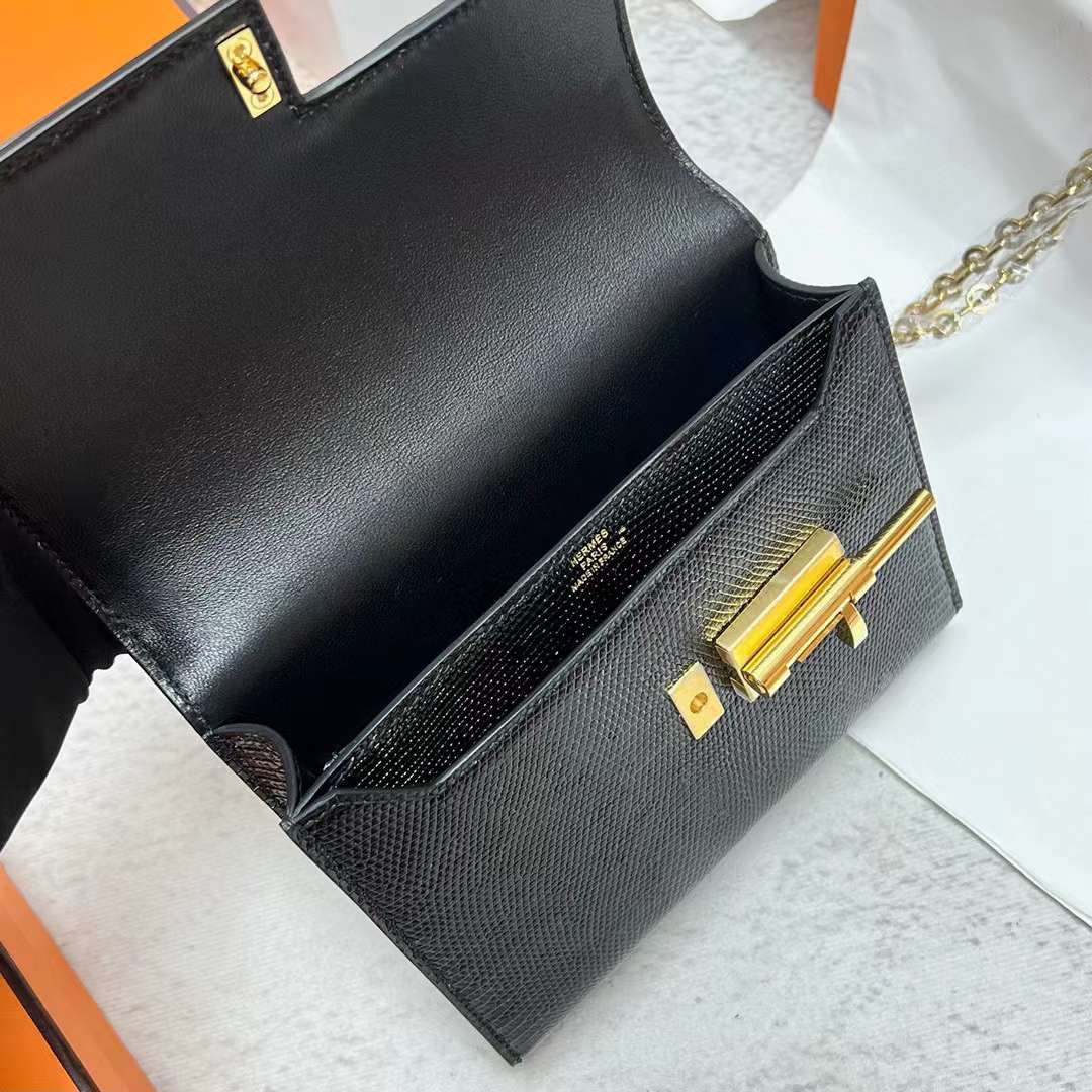Hermès（爱马仕）Verrou 机枪包 Lizard 进口蜥蜴皮 Ck89 黑色 金扣 17.5cm 全手工蜡线缝制 Ghw