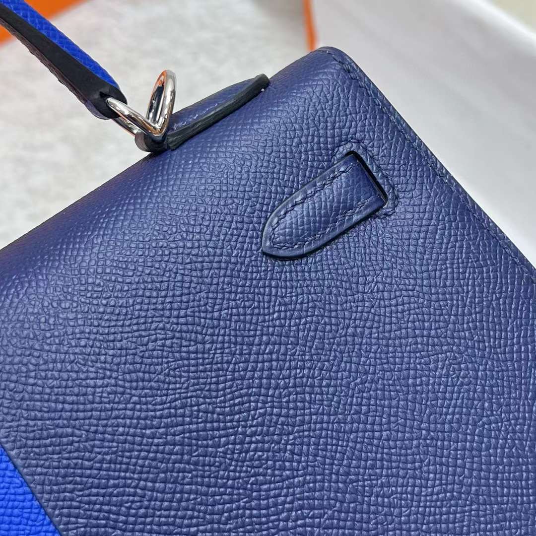 Hermès（爱马仕）Kelly 凯莉包 Epsom 三拼色 Ck73 宝石蓝 拼 O8 法国蓝 内拼 金棕色 银扣 25cm 全手工蜡线缝制 Phw