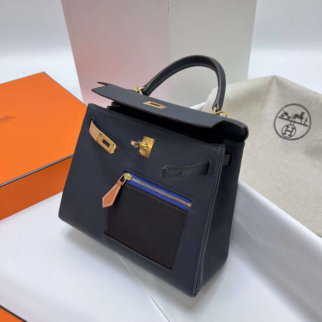 Hermès（爱马仕）Kelly 凯莉包 Colormatic Swift 2z 午夜蓝 金扣 25cm 全手工蜡线缝制 Ghw