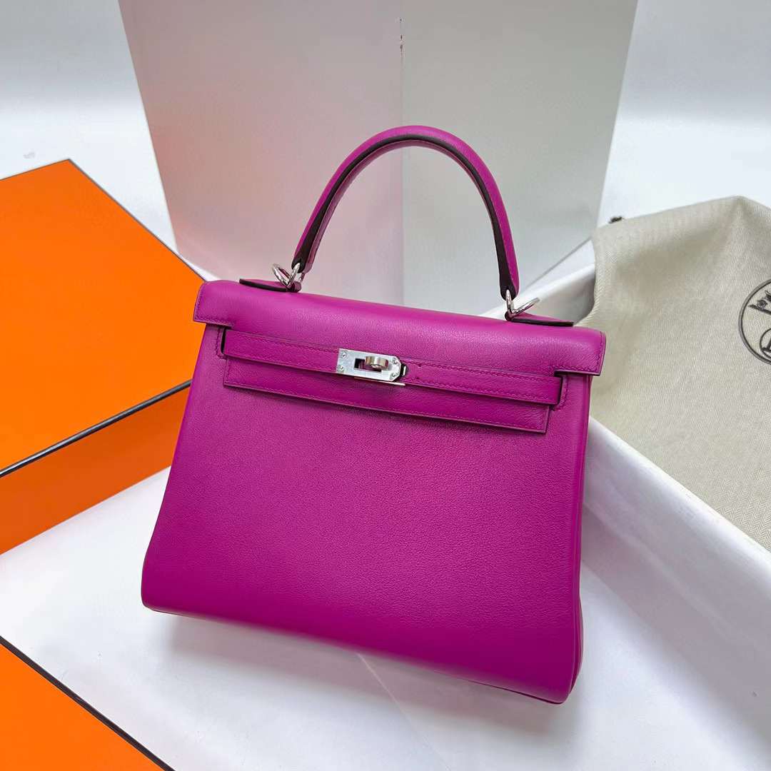 Hermès（爱马仕）Kelly 凯莉包 Swift皮 L3 玫瑰紫 银扣 25cm 全手工蜡线缝制 Phw
