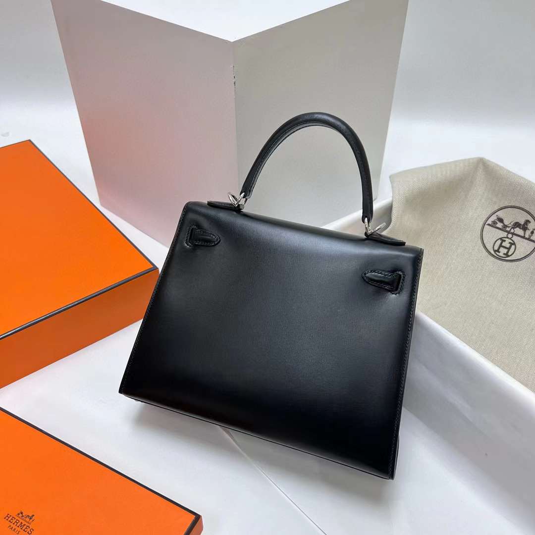 Hermès（爱马仕）Kelly 凯莉包 Box皮 Ck89 黑色 银扣 25cm 全手工蜡线缝制 Phw