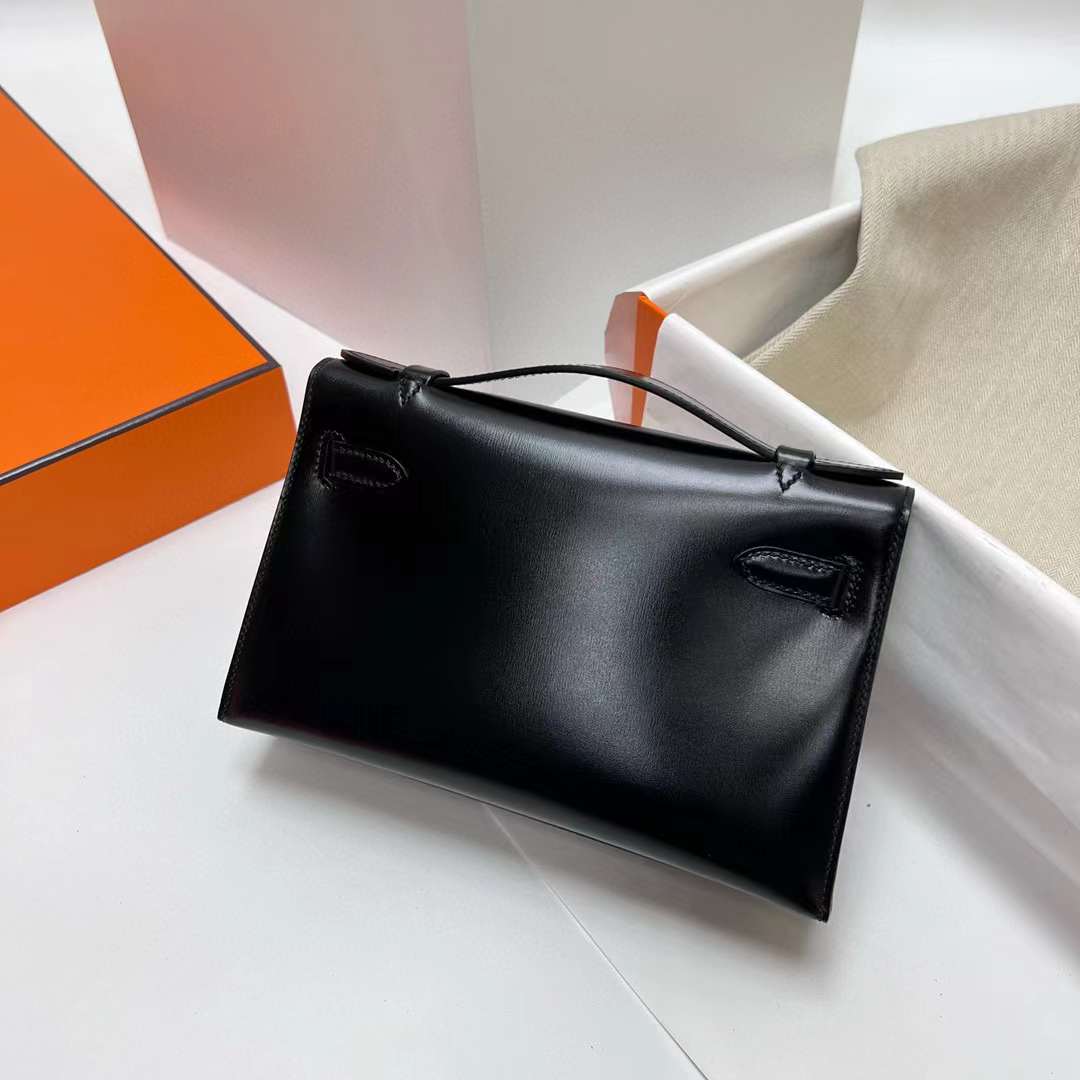 Hermès（爱马仕）Mini Kelly Pochette Box皮 Ck89 黑色 银扣 22cm 全手工蜡线缝制 phw