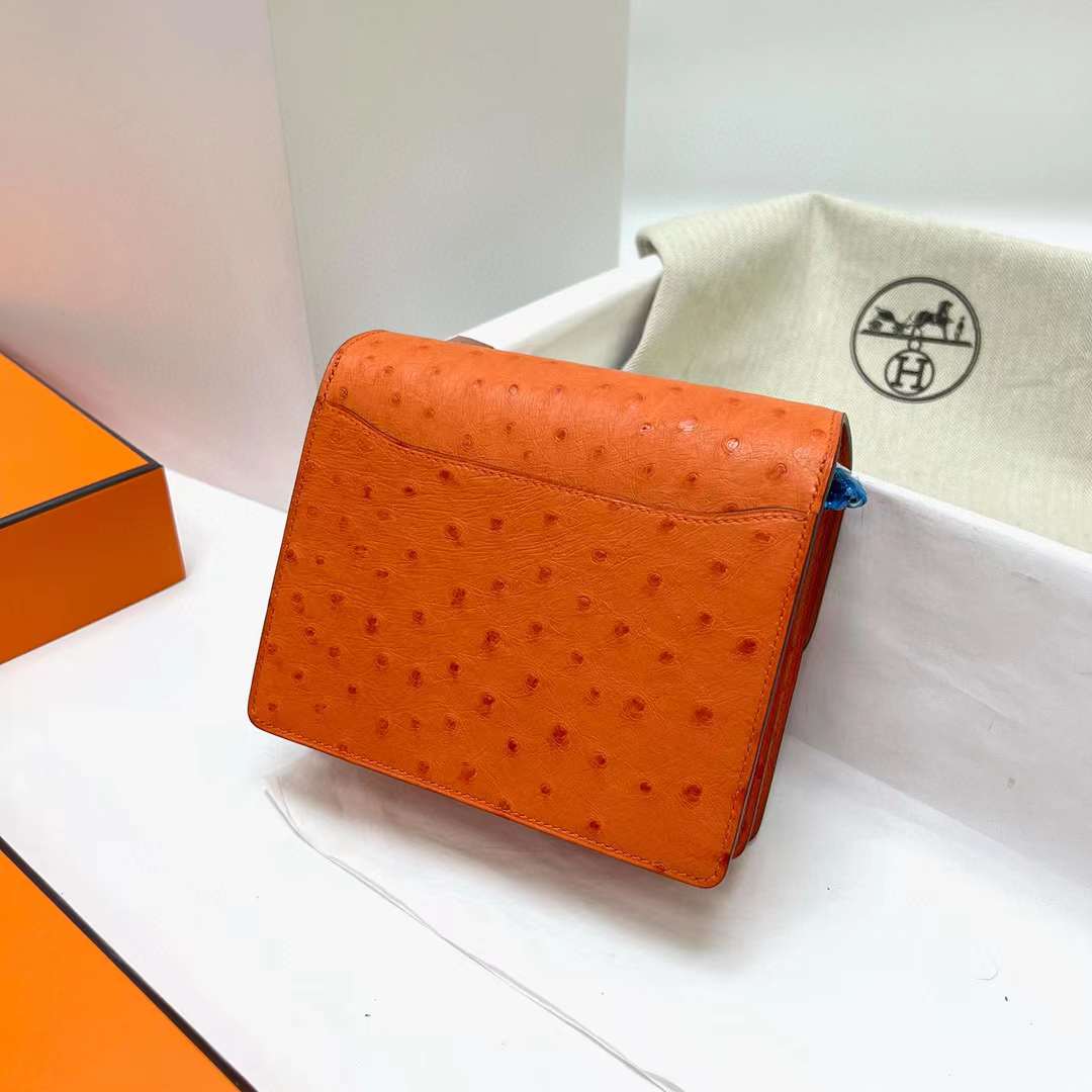 Hermès（爱马仕）Roulis 猪鼻子 Ostrich 进口鸵鸟皮 9J 火焰橙 银扣 18cm 全手工蜡线缝制