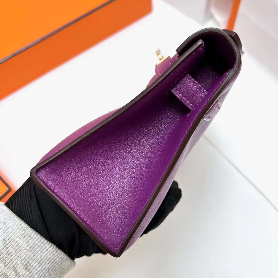 Hermès（爱马仕）Mini Kelly Pochette Swift P9 海葵紫 金扣 22cm 全手工蜡线缝制 Ghw