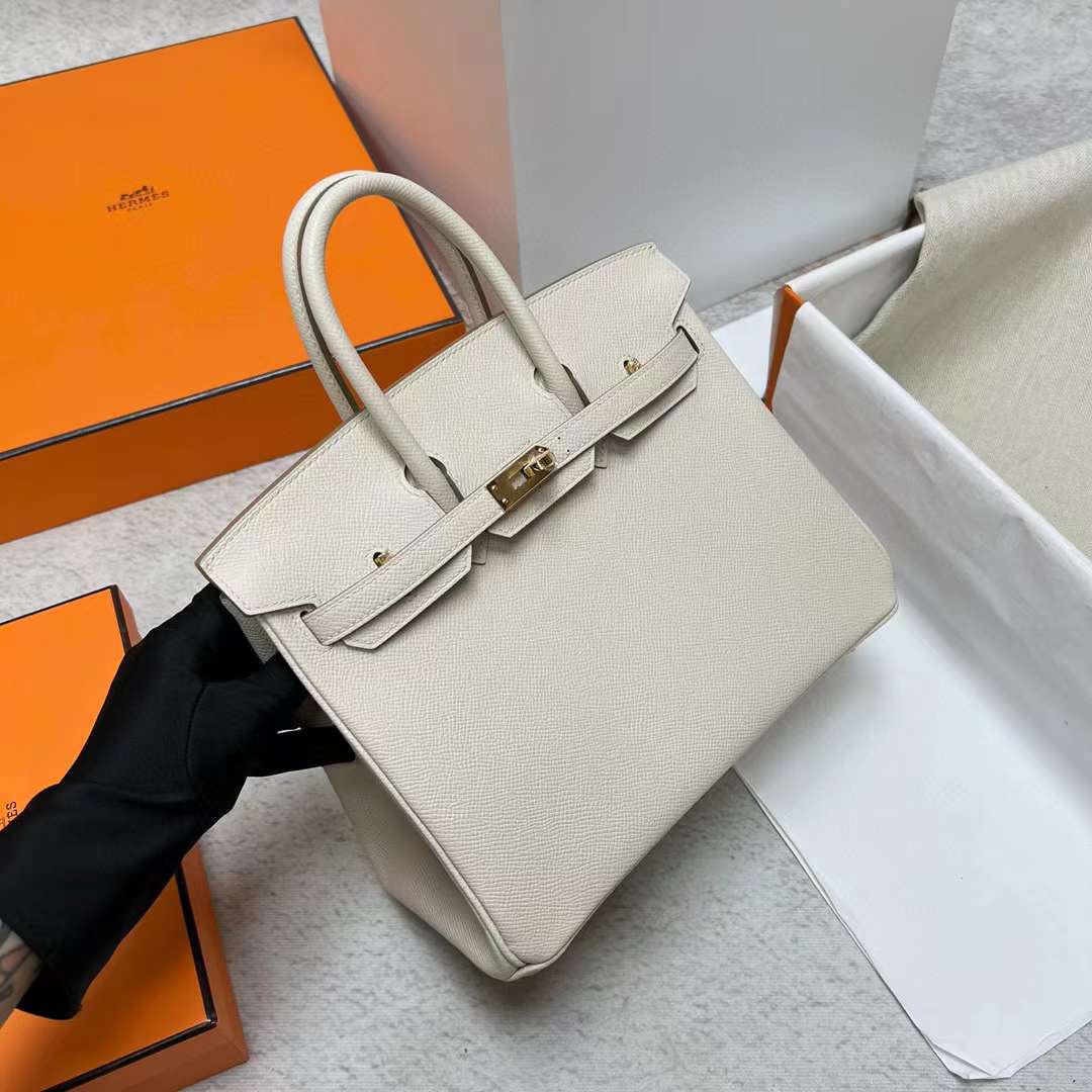 Hermès（爱马仕）Birkin 铂金包 Epsom Ck10 奶昔白 金扣 25cm 全手工蜡线缝制 Ghw