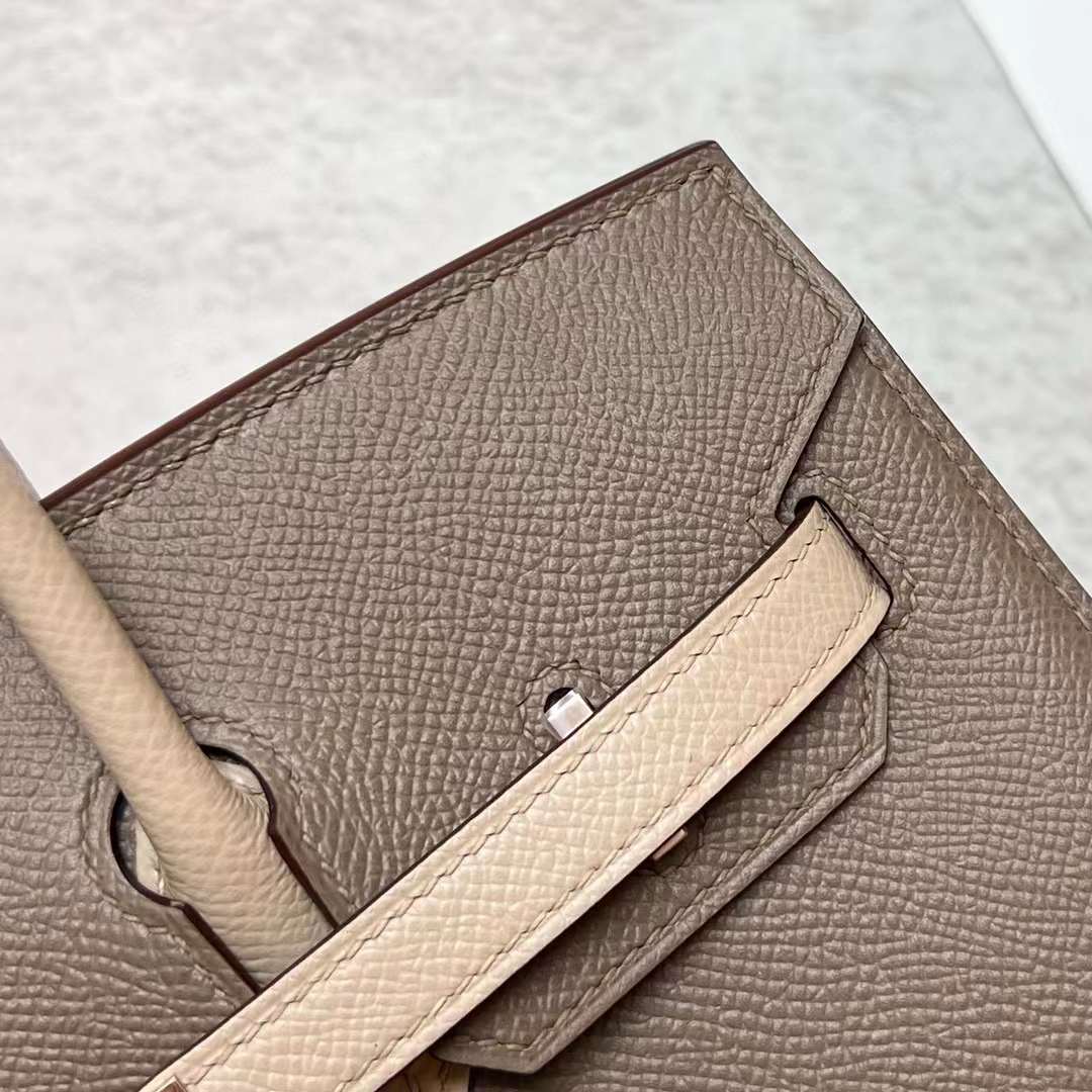 Hermès（爱马仕）Birkin 铂金包 Sellier Epsom Ck18 大象灰 拼 S2 风衣灰 玫瑰金扣 25cm 全手工蜡线缝制 Rghw