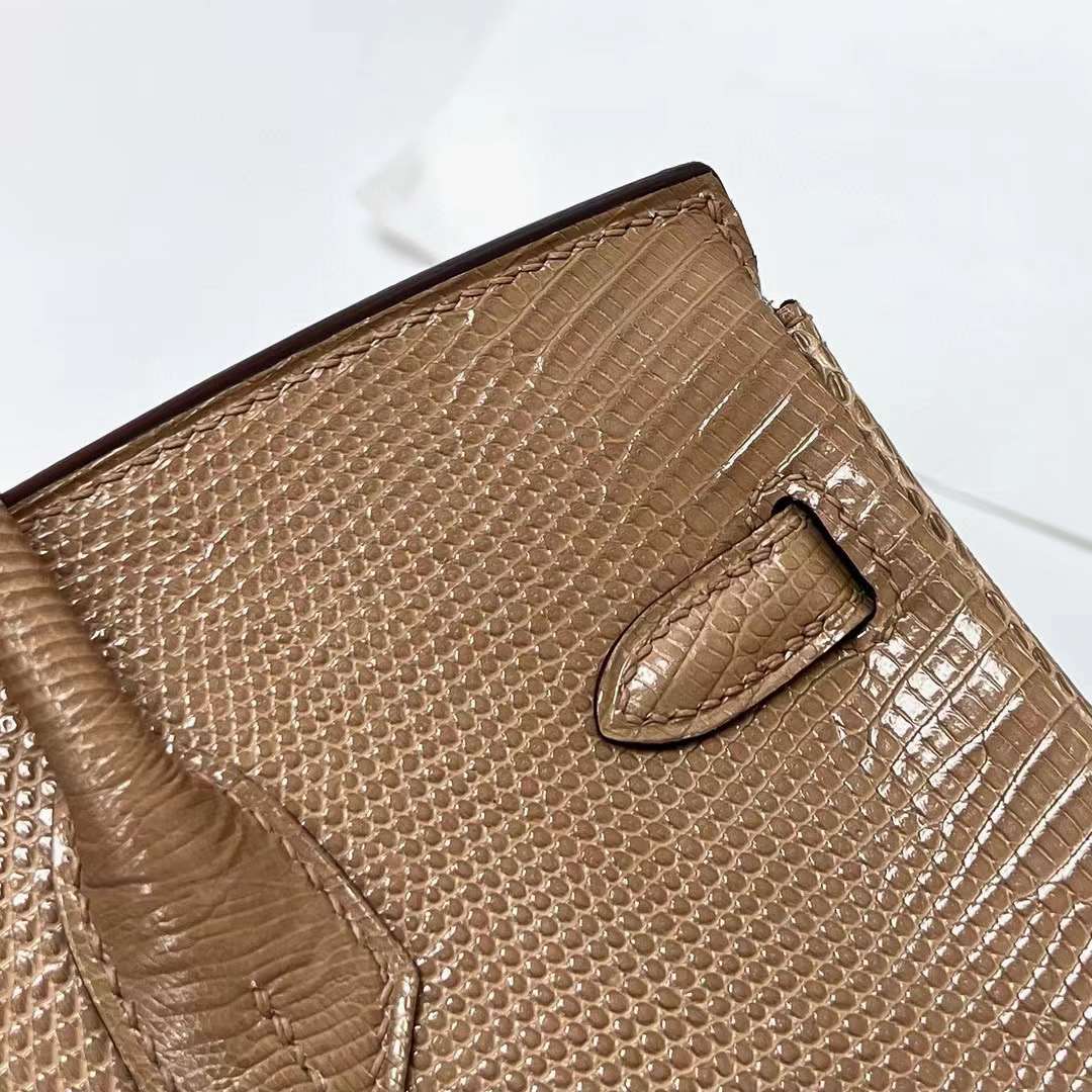 Hermès（爱马仕）Birkin 铂金包 Lizard 进口蜥蜴皮 杏色 金扣 25cm 全手工蜡线缝制 Ghw