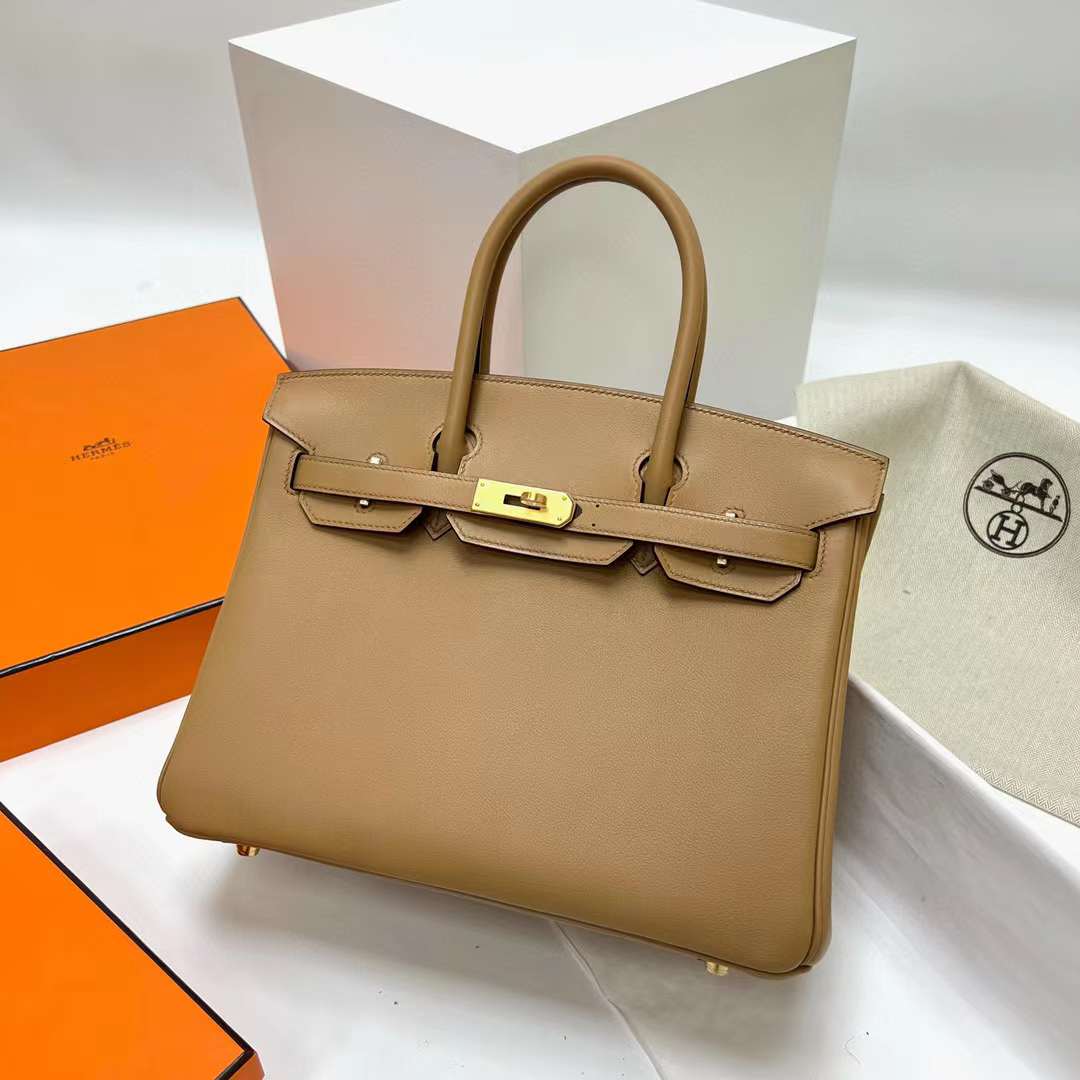 Hermès（爱马仕）Birkin 铂金包 Swift皮 0M 奶茶色 金扣 30cm 全手工蜡线缝制 Ghw