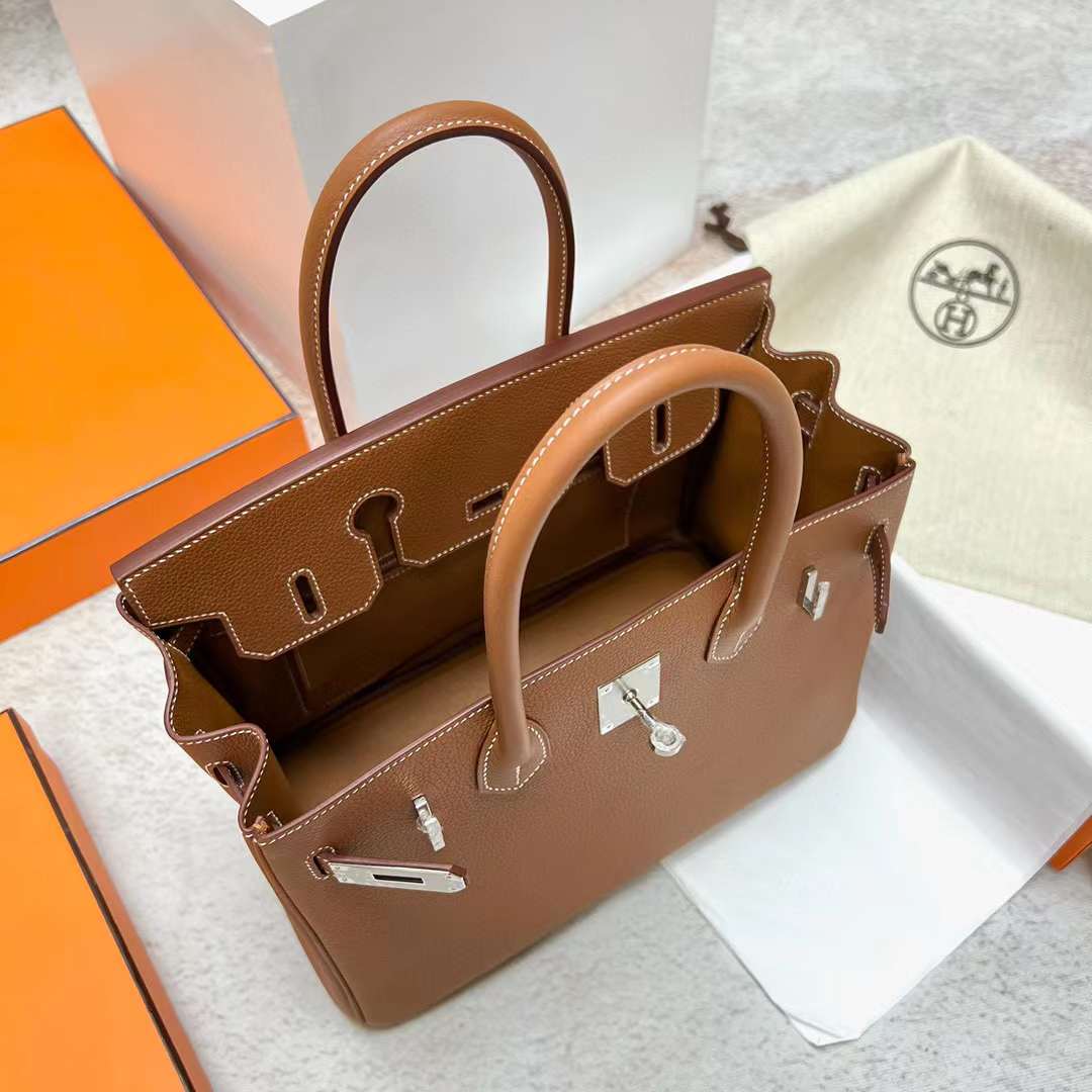 Hermès（爱马仕）Birkin 铂金包 Togo皮 Ck37 金棕色 银扣 30cm 全手工蜡线缝制 Phw