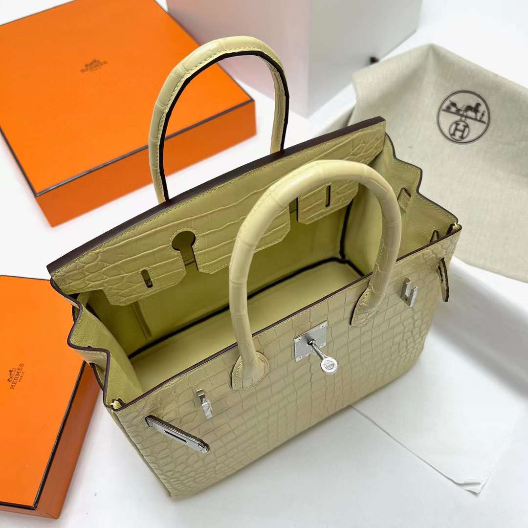 Hermès（爱马仕）Birkin 铂金包 雾面尼罗鳄鱼 Matte Nilo Crocodile 19 Abricot 杏色 银扣 30cm 全手工蜡线缝制 Phw