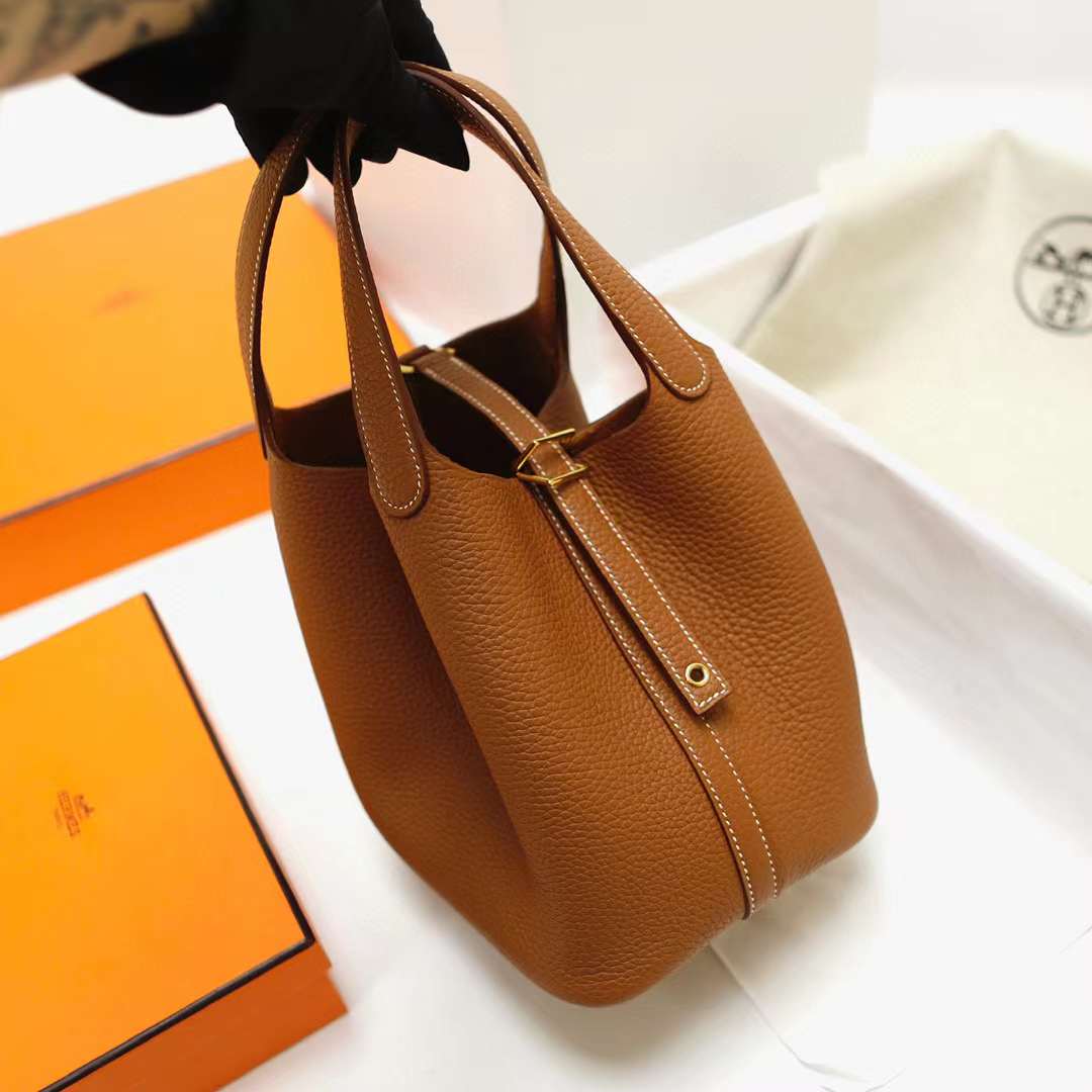 Hermès（爱马仕）Picotin 菜篮子 Clemence 原厂进口大牛皮 Ck37 金棕色 金扣 18cm 全手工蜡线缝制 Ghw